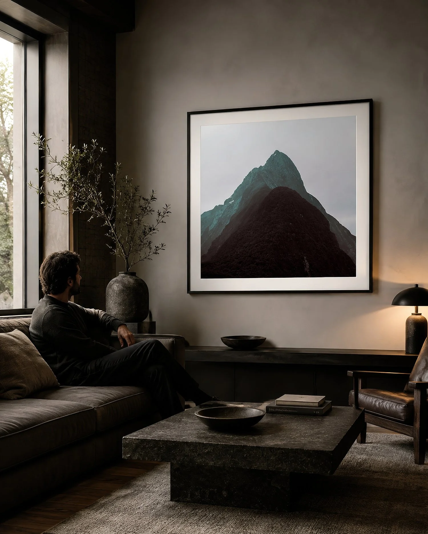 Moody living room mock-up with a seated man, warm lamp light and natural window light, featuring a large framed mountain photograph in cool grey-blue and deep bronze-black tones by Nick Psomiadis at NIKART Studio and Gallery