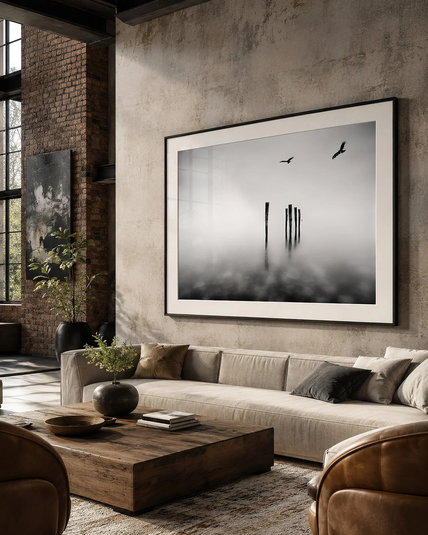 Industrial loft lounge featuring a framed black and white photograph of timber posts and birds over misty Kangaroo Island waters, by Nick Psomiadis at NIKART Studio and Gallery.