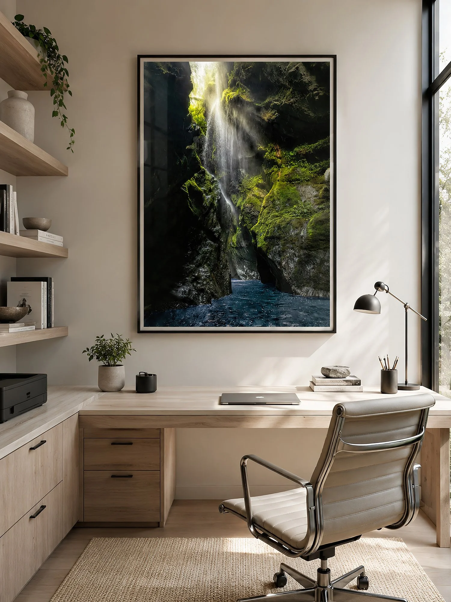 Bright modern home office with a framed waterfall gorge photograph above a light timber desk, by Nick Psomiadis at NIKART Studio and Gallery.