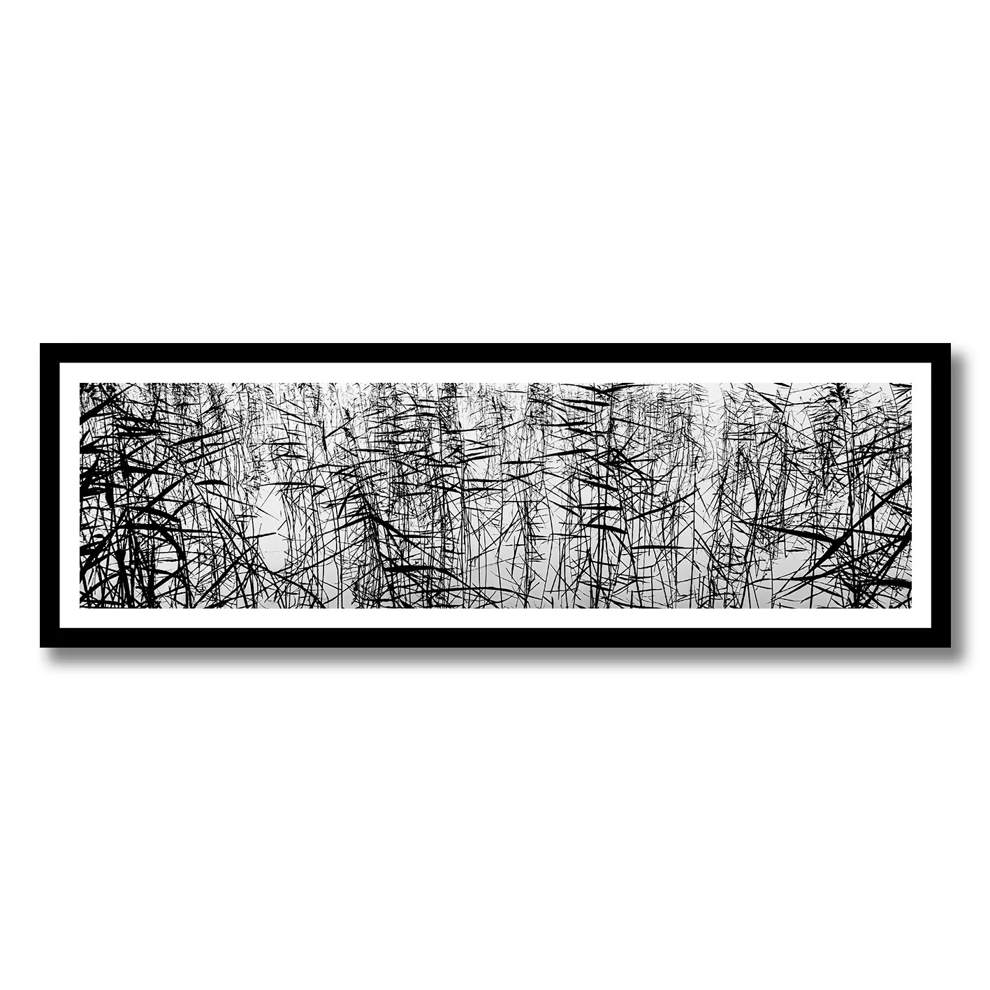 Black and white photograph of tangled reeds reflected across still water.