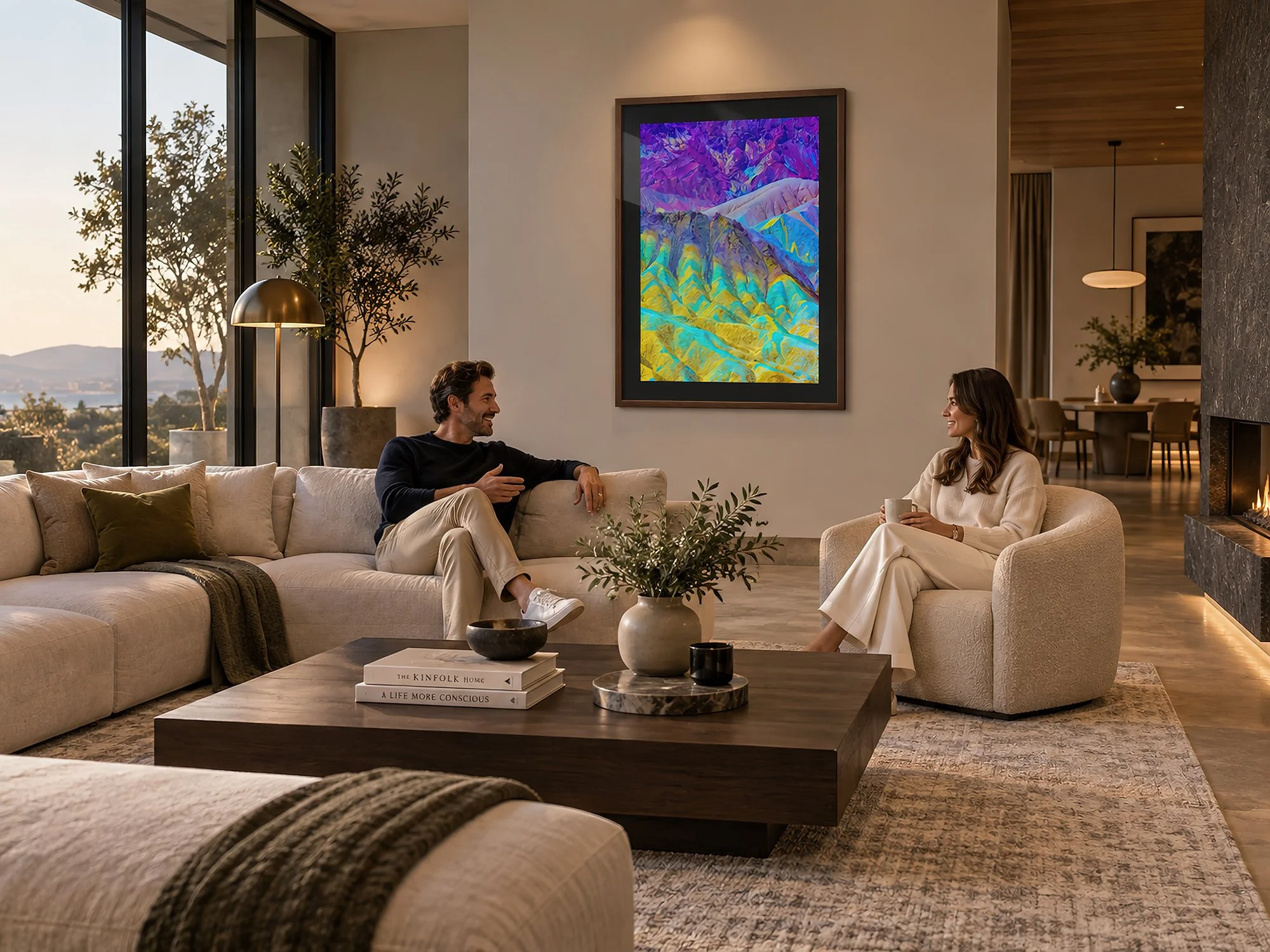 Spacious minimalist lounge with two people seated in conversation, featuring a large framed photograph of vivid purple, turquoise and golden desert formations on the wall by Nick Psomiadis at NIKART Studio and Gallery