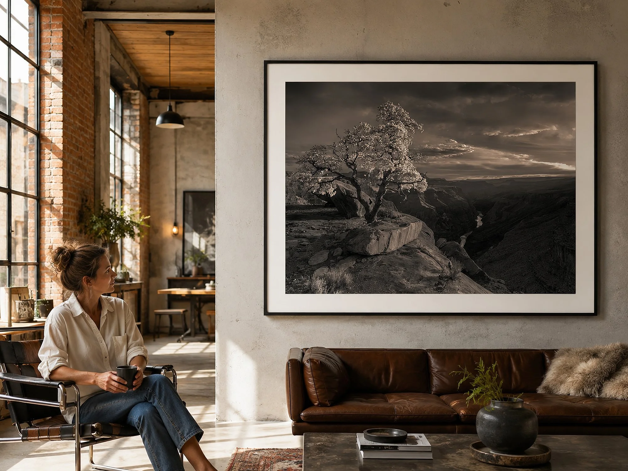 Framed black-and-white Grand Canyon photograph displayed in an industrial loft with a seated woman.