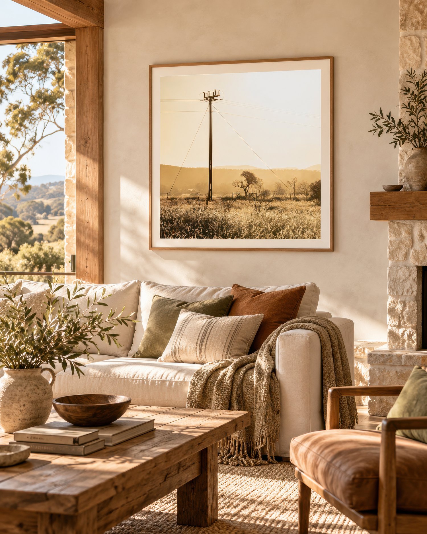 Framed photograph of golden Australian grasslands and a telegraph pole above a cream sofa in a rustic living room, by Nick Psomiadis at NIKART Studio and Gallery
