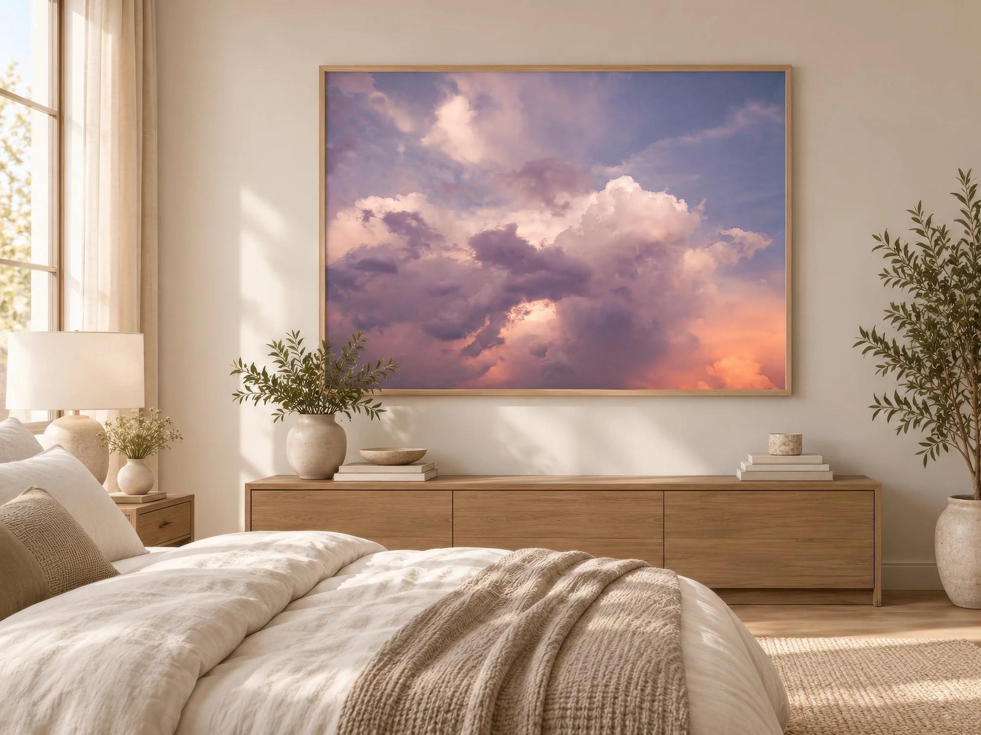 Large framed photograph of pastel sunset clouds above a cream sofa in a modern neutral living room by Nick Psomiadis at NIKART Studio and Gallery