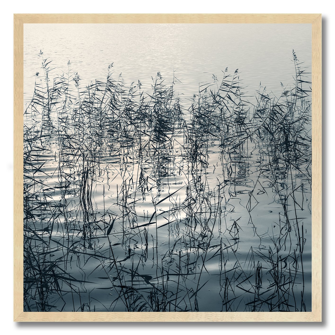Fine art photograph of reeds and reflections creating abstract patterns on still water