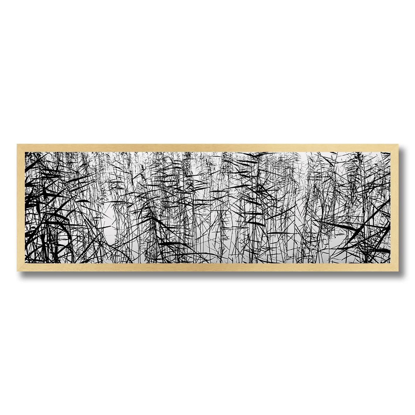 Black and white photograph of tangled reeds reflected across still water.