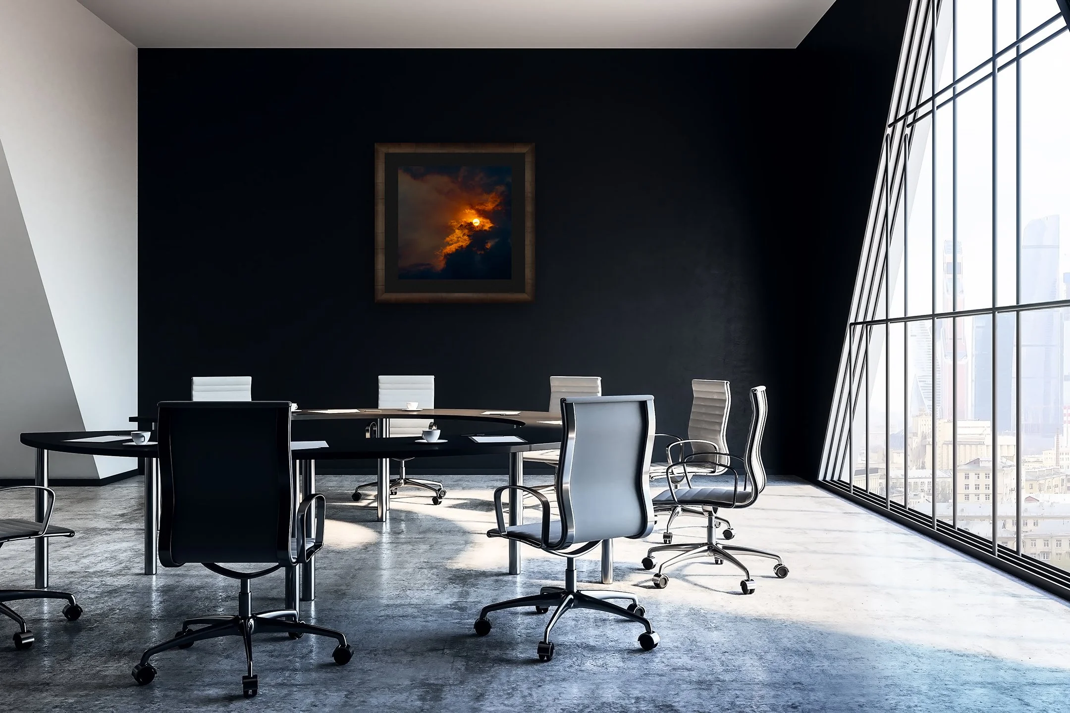 Modern office interior featuring Doxa by Nick Psomiadis as framed wall art, bringing dramatic colour and refined atmosphere to a contemporary corporate space.