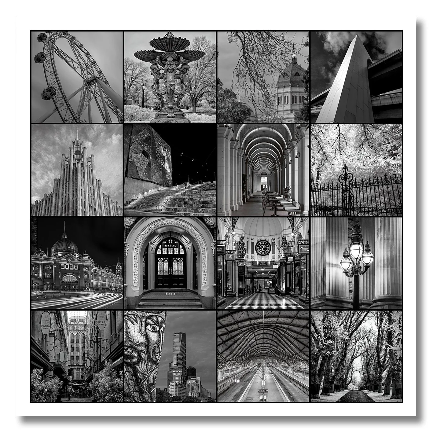 black and white collage of melbourne architecture and landmarks photography
