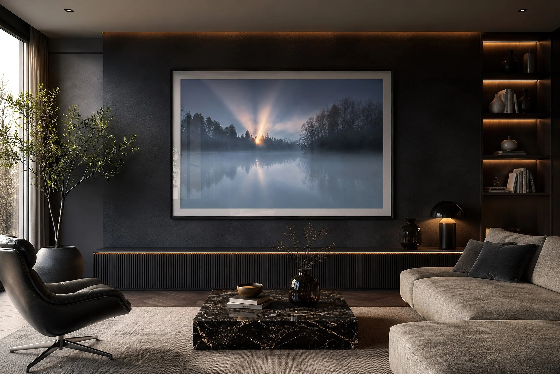 Large framed misty sunrise lake photograph in a luxurious dark-toned living room with marble coffee table, designer seating, timber cabinetry and warm ambient lighting by Nick Psomiadis at NIKART Studio and Gallery