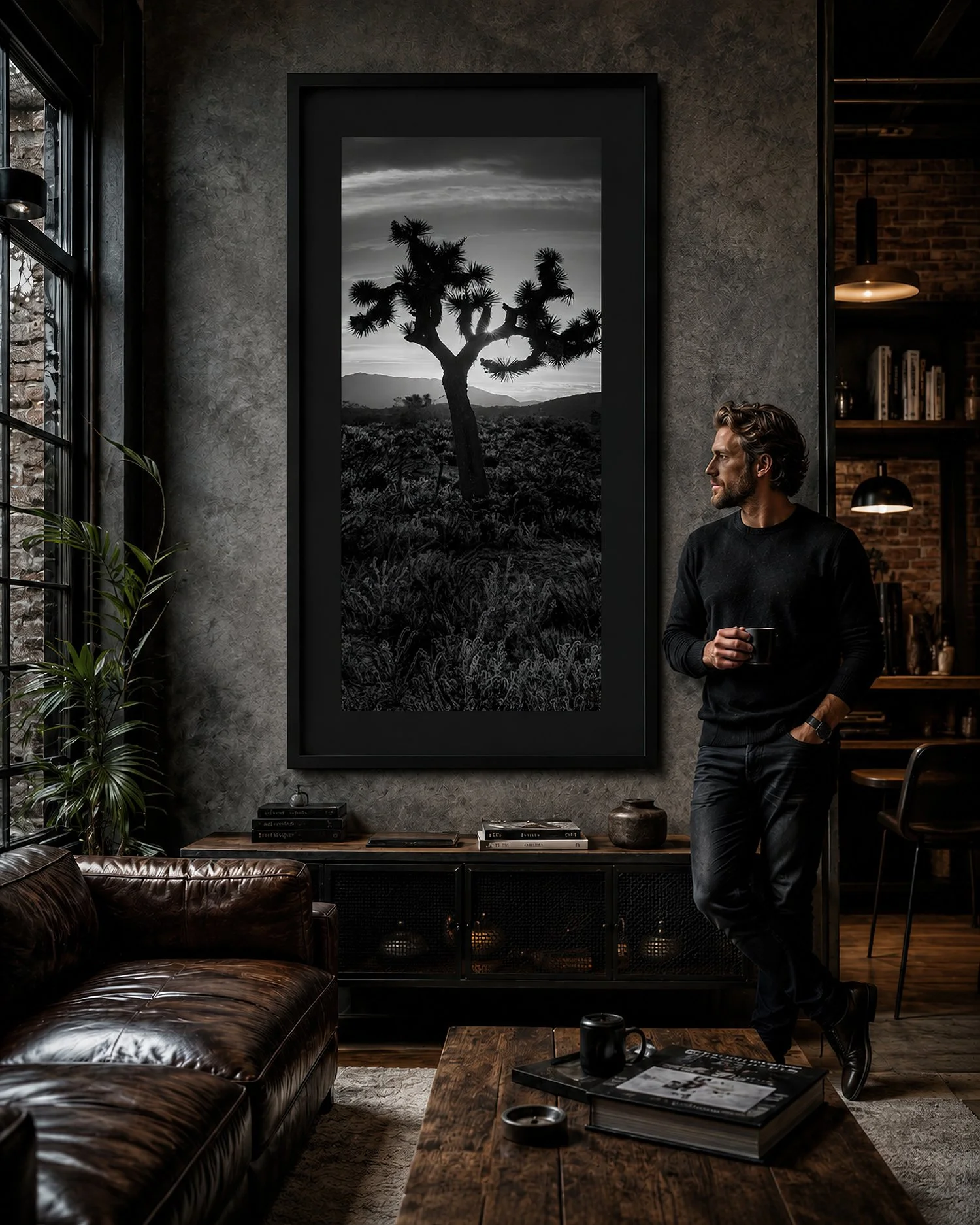 Moody industrial living room with a large black-framed Joshua tree photograph, dark mat and a man holding a cup by Nick Psomiadis at NIKART Studio and Gallery