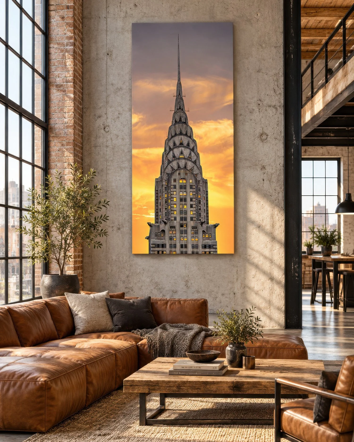 Deco Sunset canvas photograph of the Chrysler Building against a golden sunset, displayed above a leather sofa in an industrial loft, by Nick Psomiadis at NIKART Studio and Gallery.