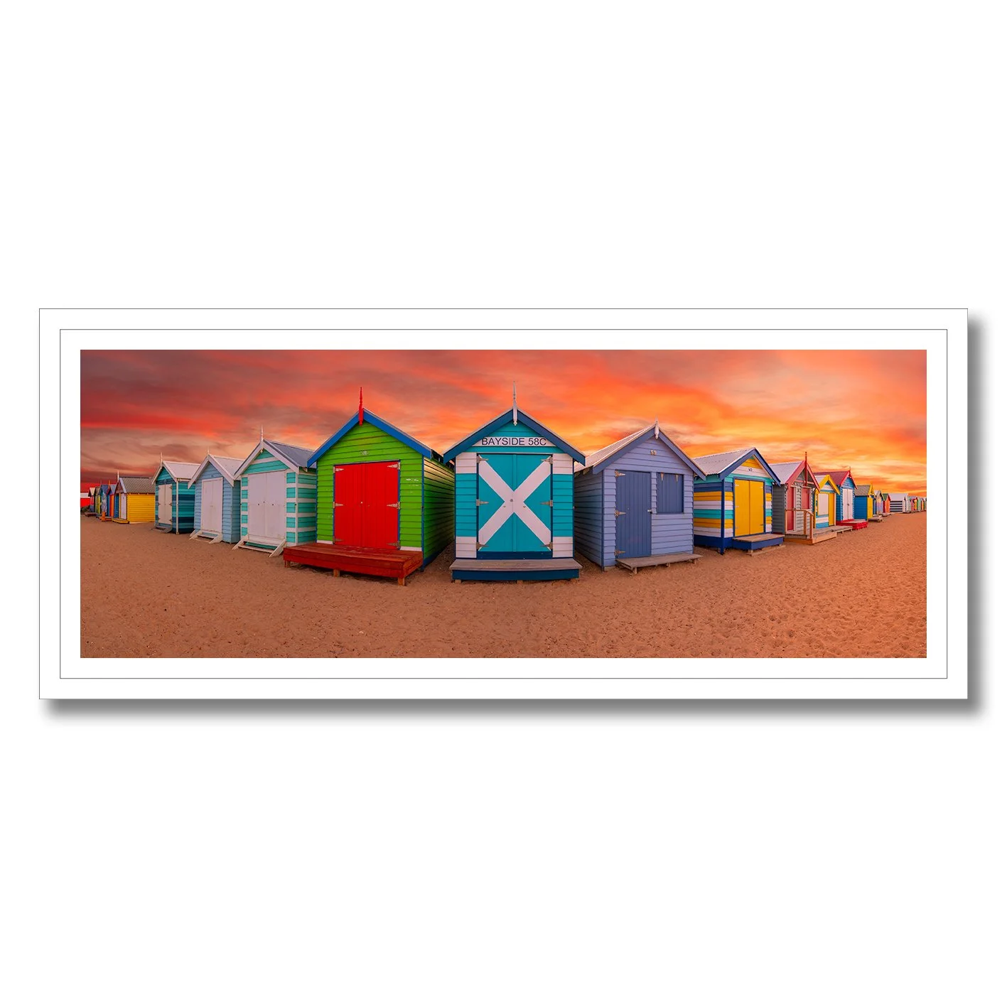 fine art photograph of colourful brighton bathing boxes at sunset on melbourne beach