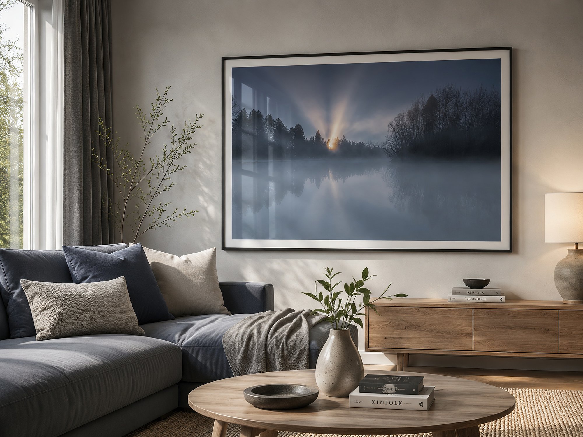 Large framed misty sunrise lake photograph above a blue-grey sofa in a calm modern living room with timber furniture, soft natural light, indoor plants and realistic reflections on the frame glass by Nick Psomiadis at NIKART Studio and Gallery