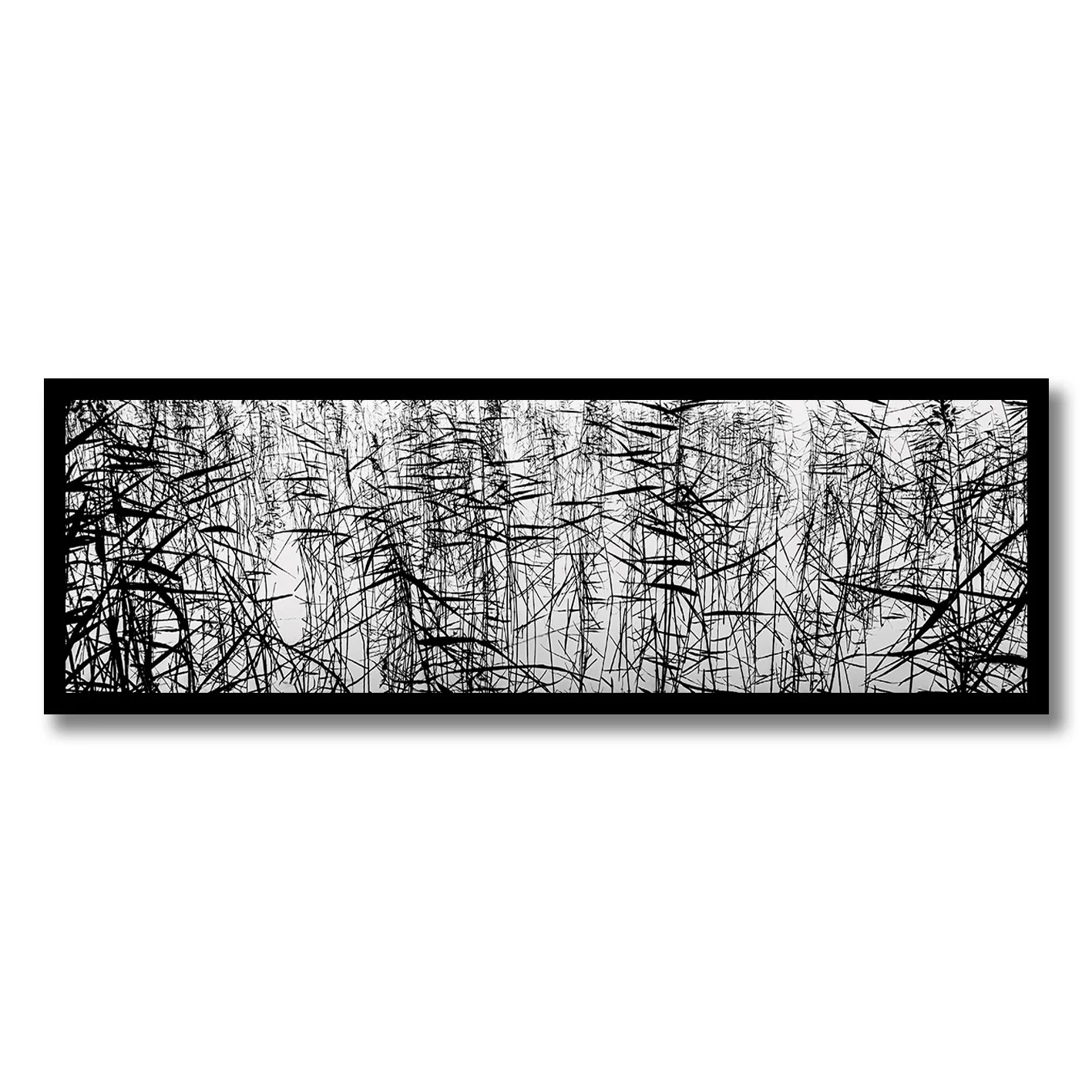 Black and white photograph of tangled reeds reflected across still water.