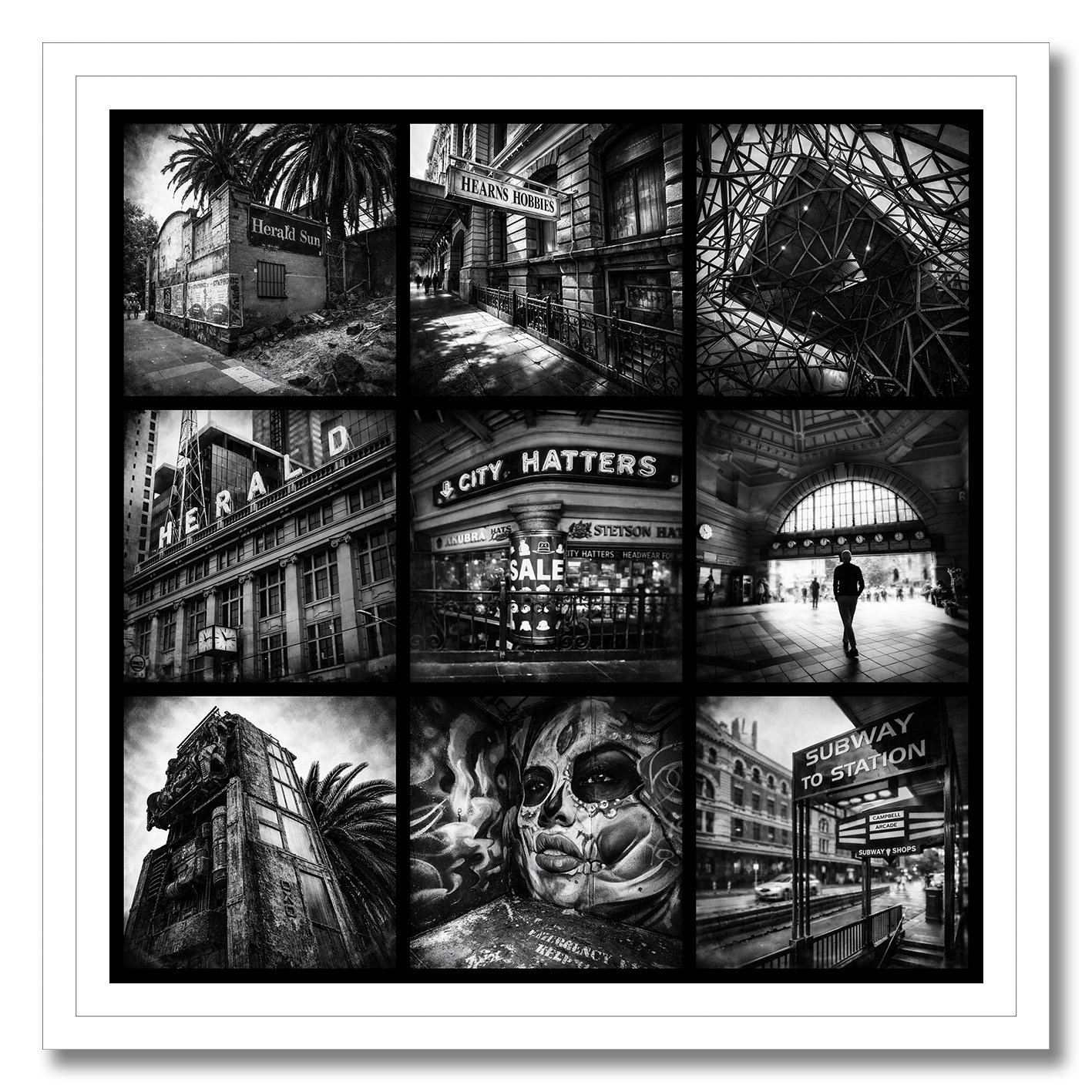 Black and white photograph collage of Flinders Street Melbourne architecture