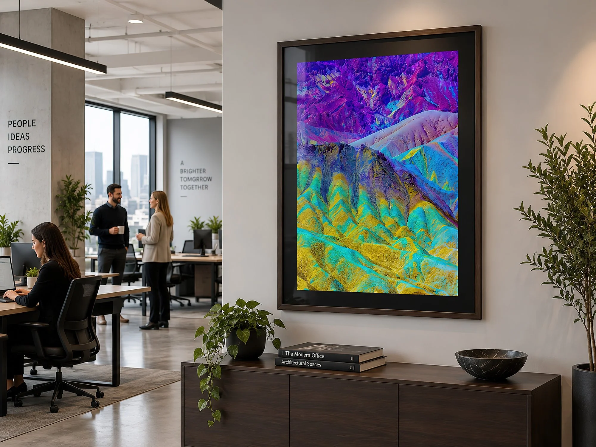 Modern office with several workers, featuring a vivid purple, turquoise and yellow landscape photograph in a dark timber frame with black matting and subtle glass reflections by Nick Psomiadis at NIKART Studio and Gallery
