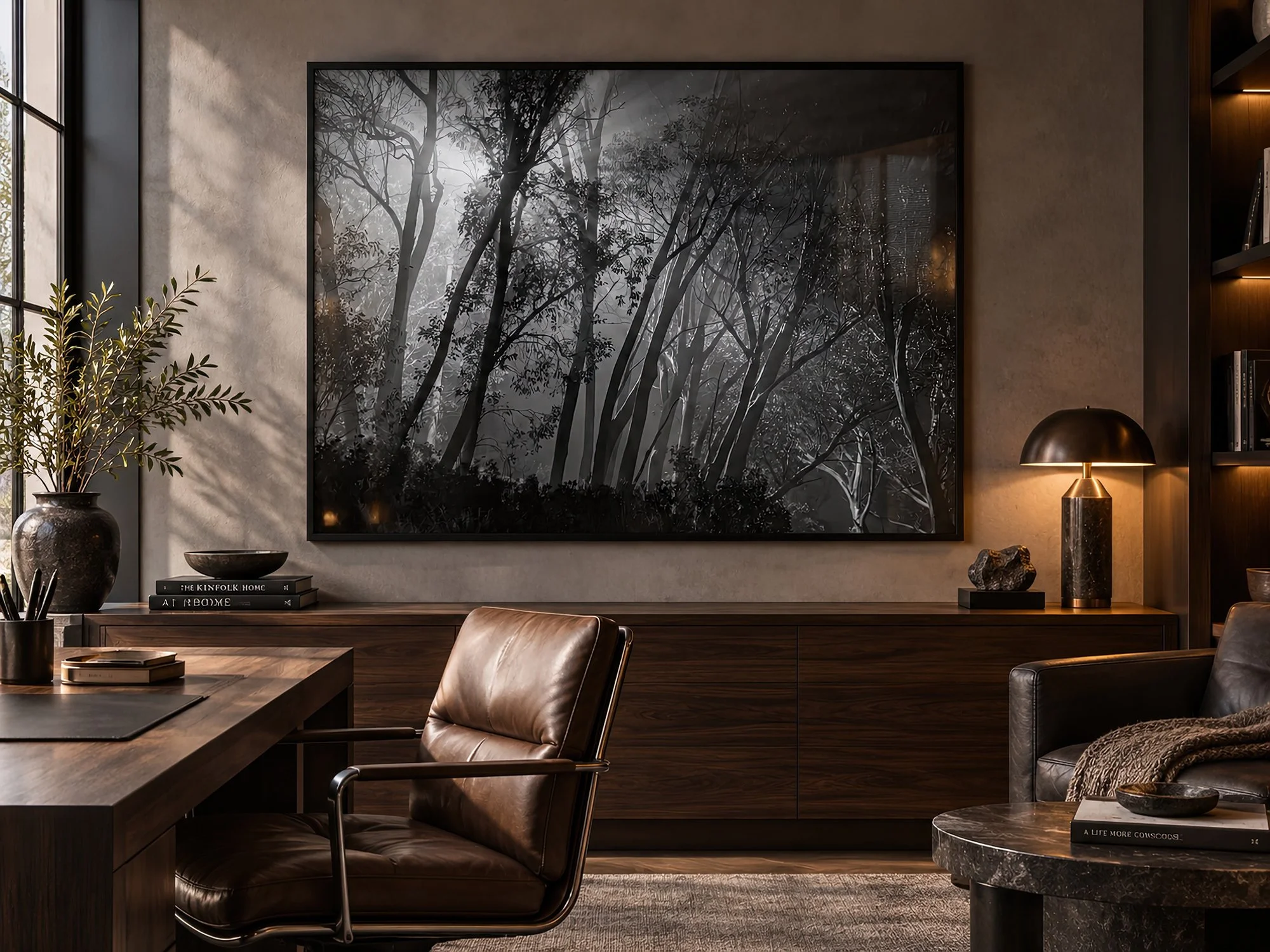 Large black and white forest fine art photograph in a slim black frame, displayed in a minimalist masculine study with walnut furniture, leather seating and moody natural light by Nick Psomiadis at NIKART Studio and Gallery