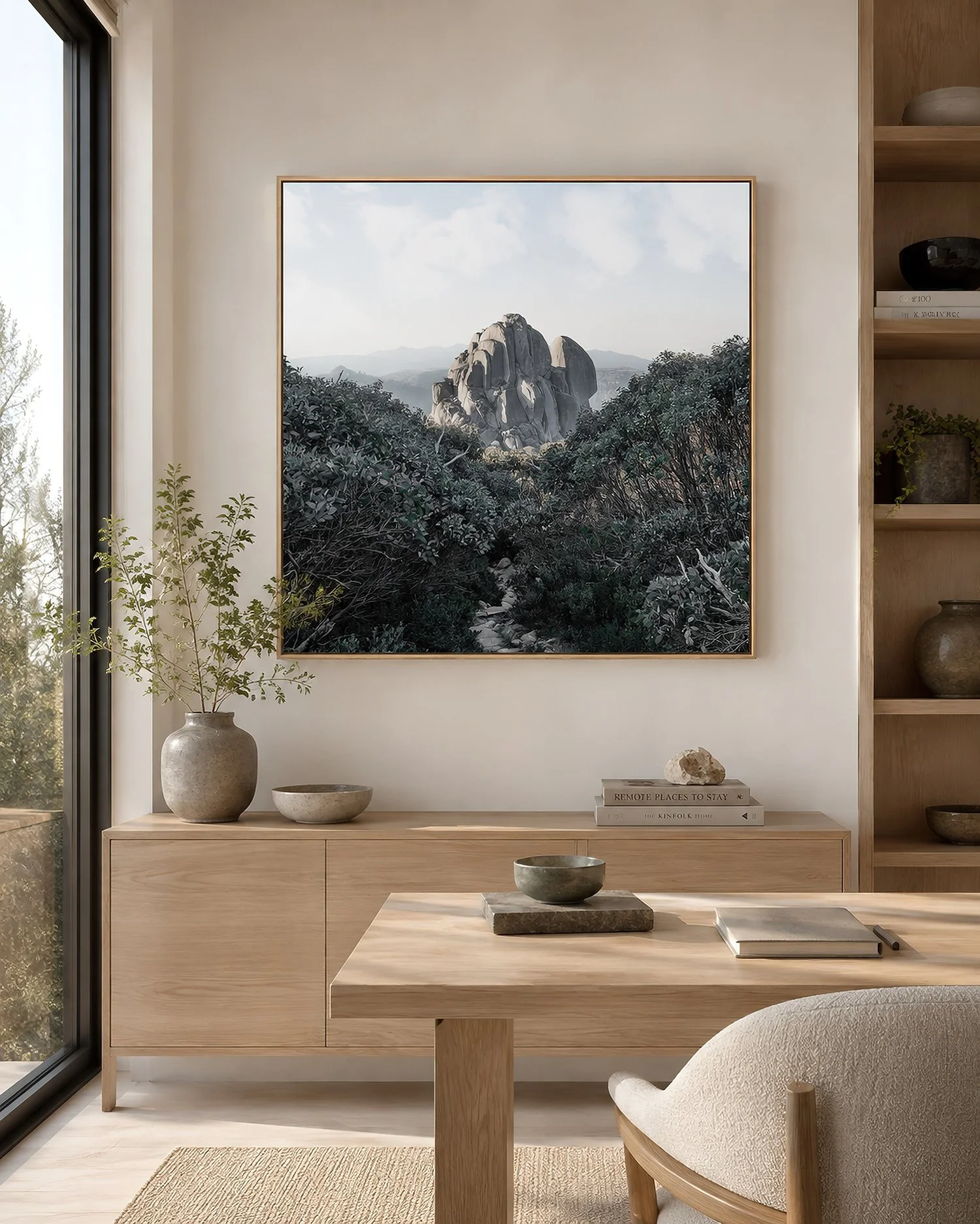 Framed canvas photograph of Mount Buffalo’s granite Cathedral above dense alpine bushland in a sunlit minimalist study with pale timber furniture, natural ceramics and leafy greenery, by Nick Psomiadis at NIKART Studio and Gallery