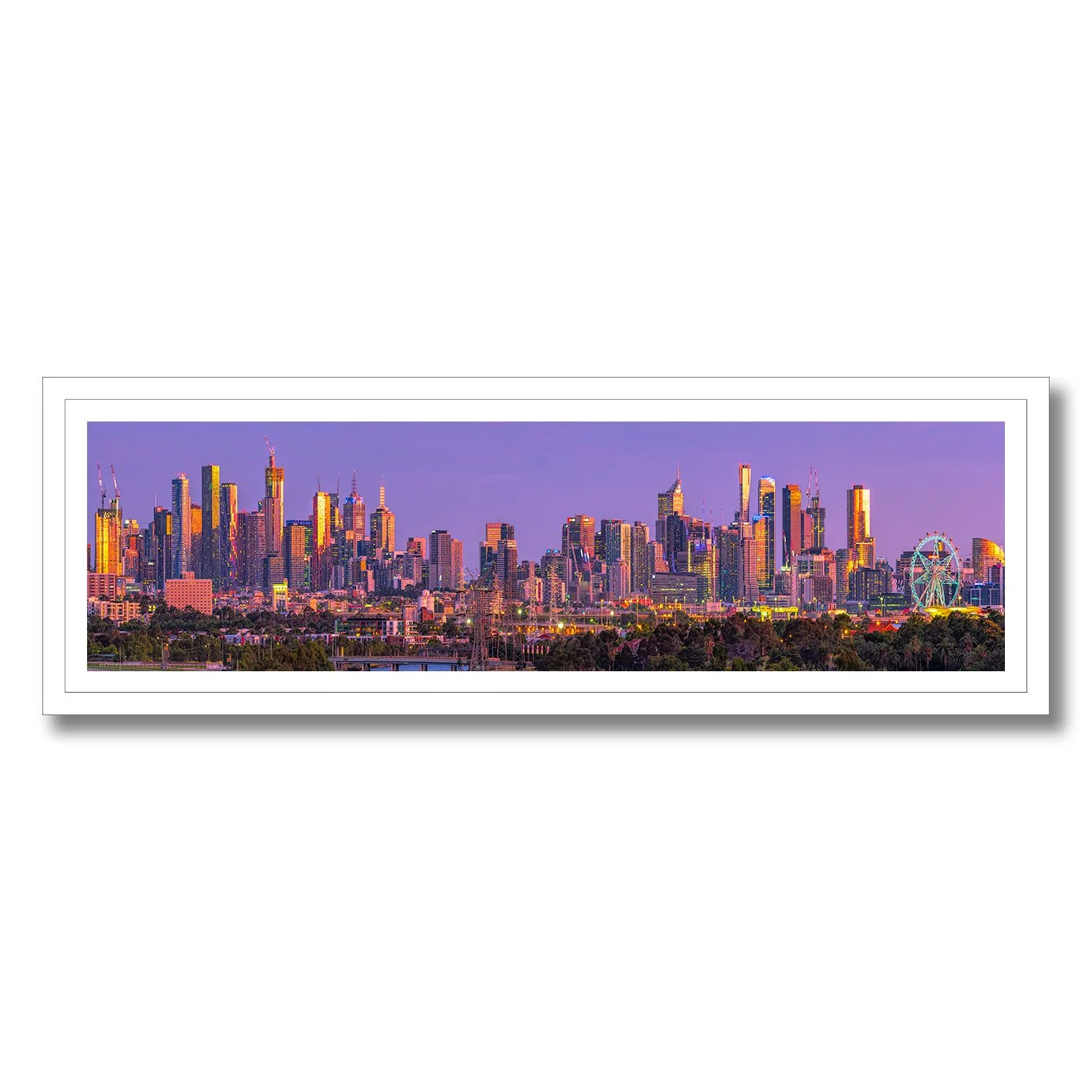 Melbourne skyline photograph at dusk glowing in soft purple light
