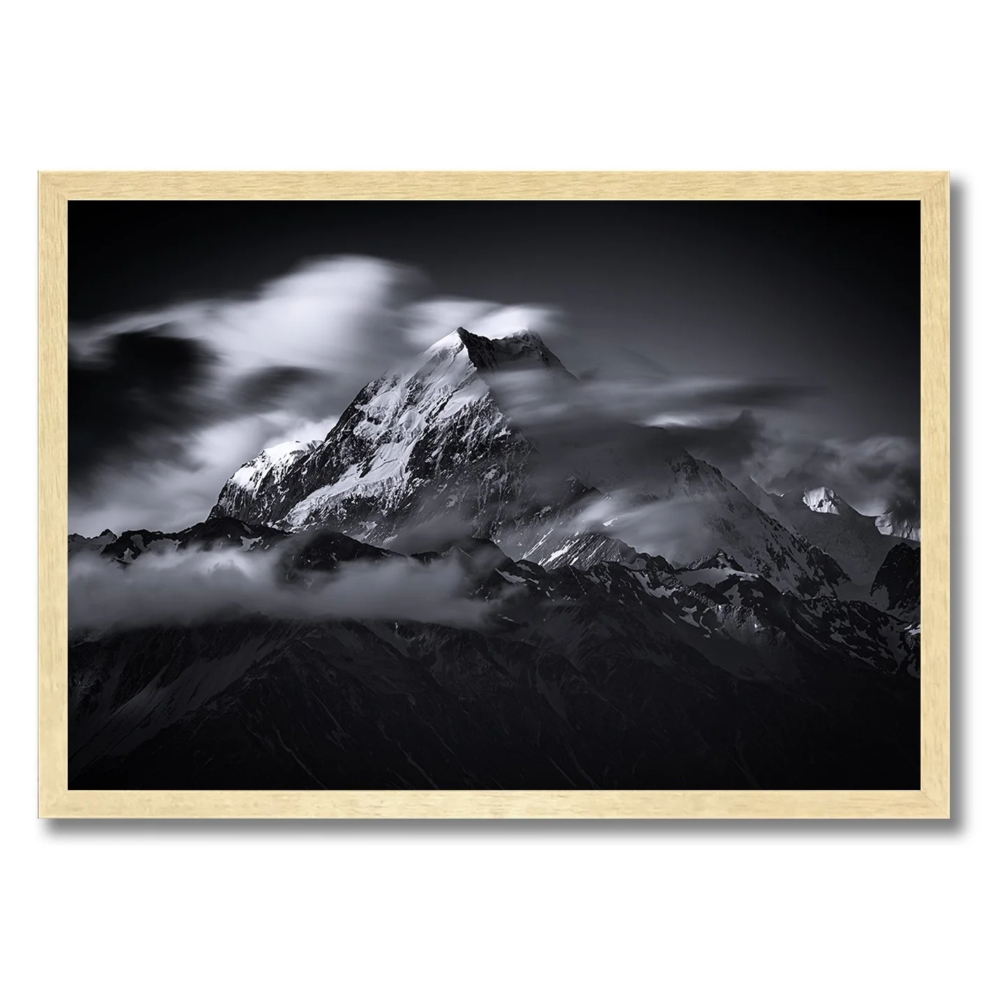 Black and white mountain photograph of Aoraki Mount Cook in the Southern Alps