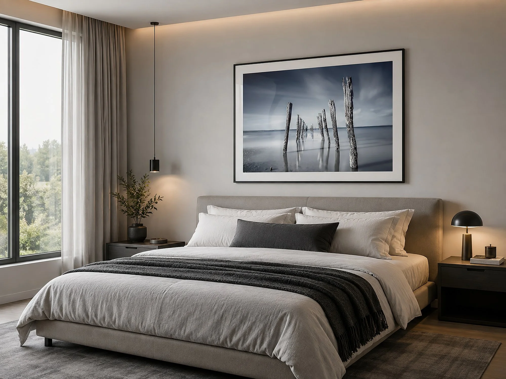 Modern minimalist bedroom with a white-matted framed blue-grey long-exposure photograph of weathered timber pylons in calm water, styled above a neutral bed with soft daylight and warm ambient lighting, by Nick Psomiadis at NIKART Studio and Gallery
