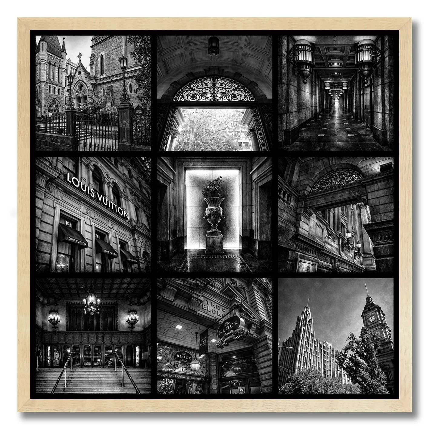 black and white photography collage of collins street melbourne architecture