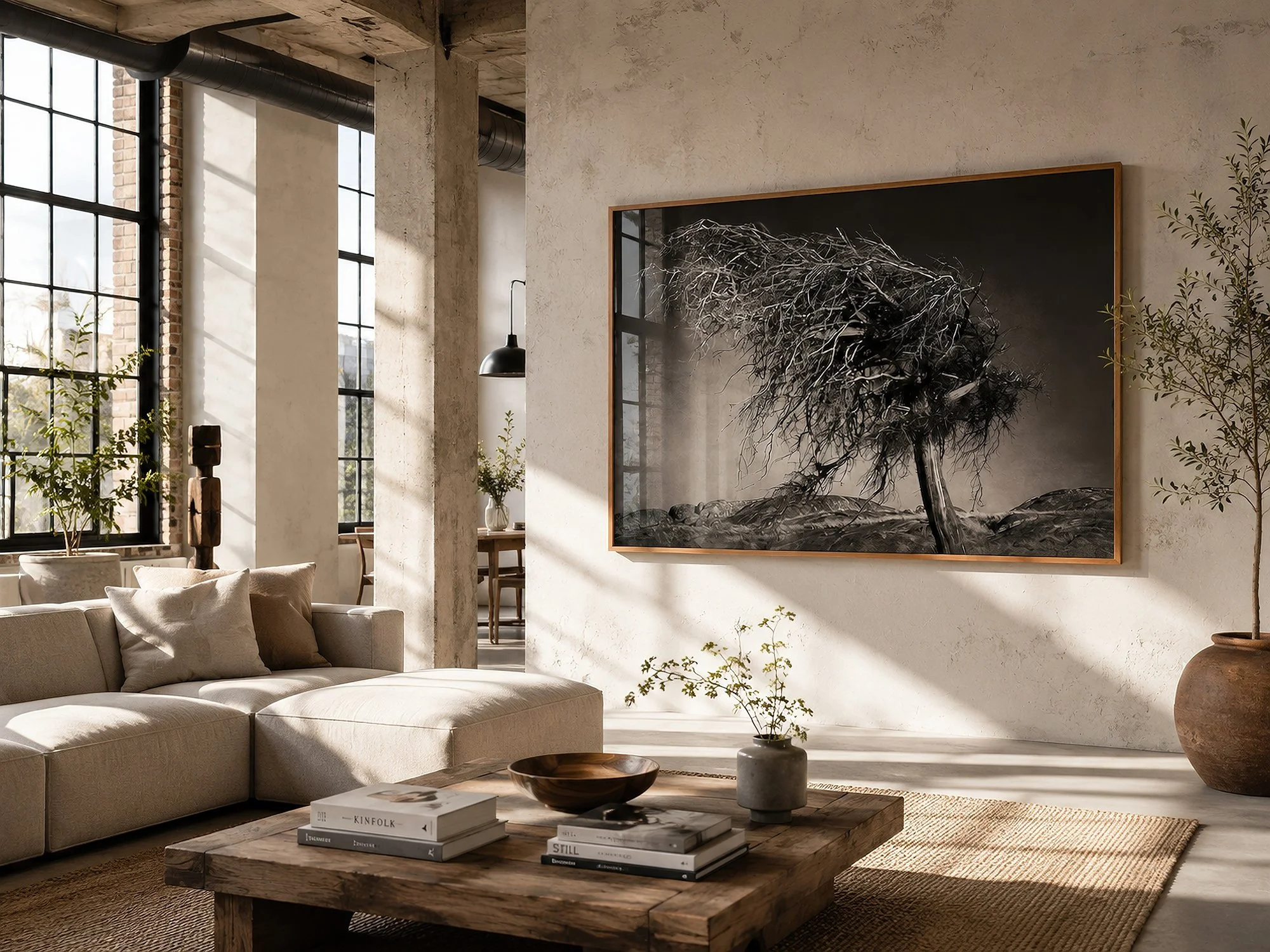 Framed monochrome windswept tree photograph with glass reflections in a bright sunlit industrial loft with neutral furnishings and natural timber décor by Nick Psomiadis at NIKART Studio and Gallery