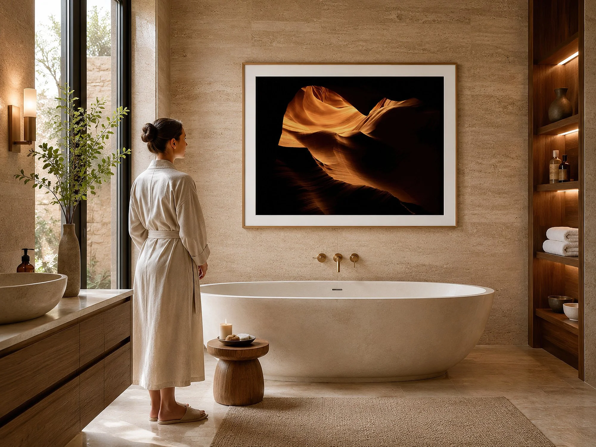 Framed Antelope Canyon photograph displayed above a freestanding bath in a warm stone bathroom with a woman in a robe.