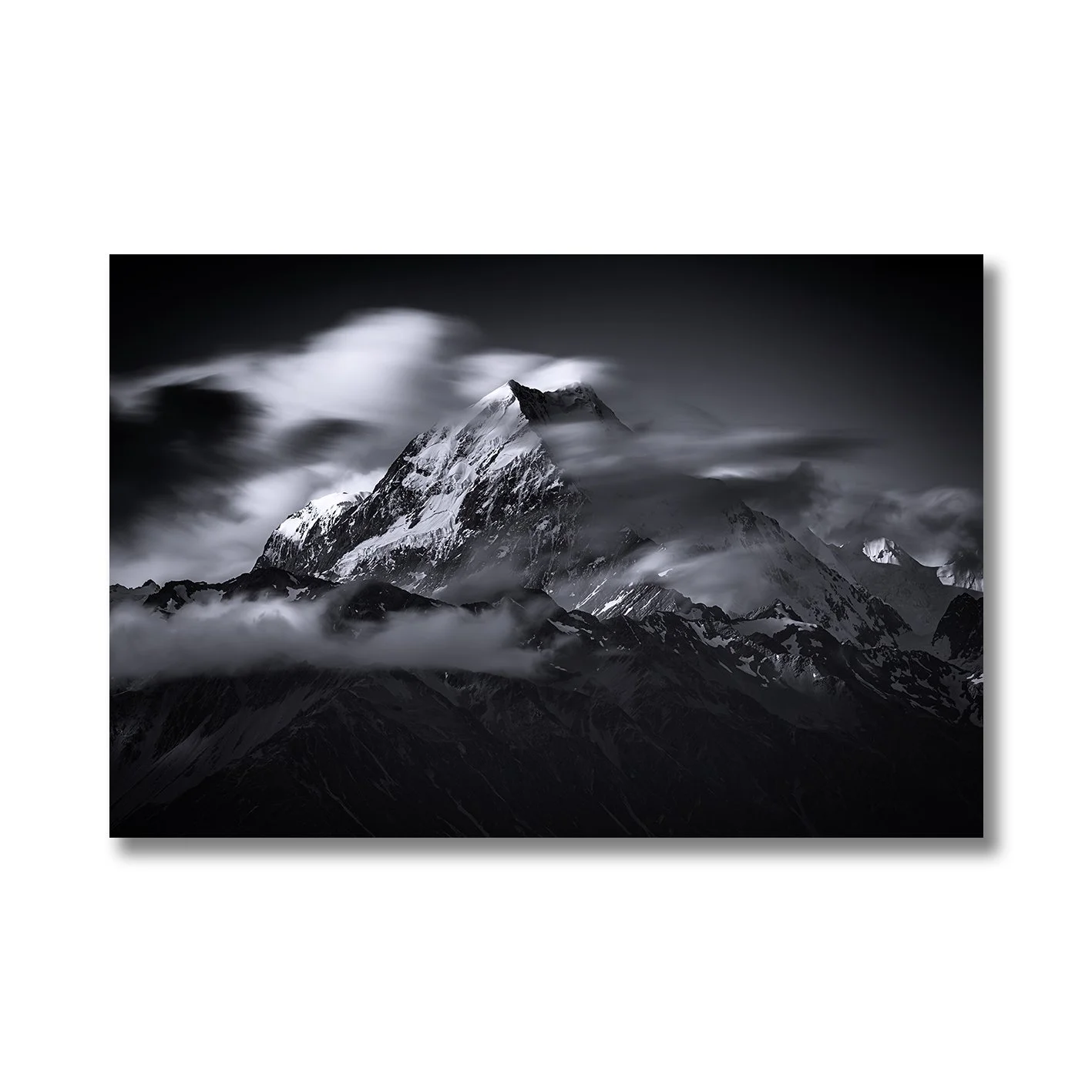 Black and white mountain photograph of Aoraki Mount Cook in the Southern Alps