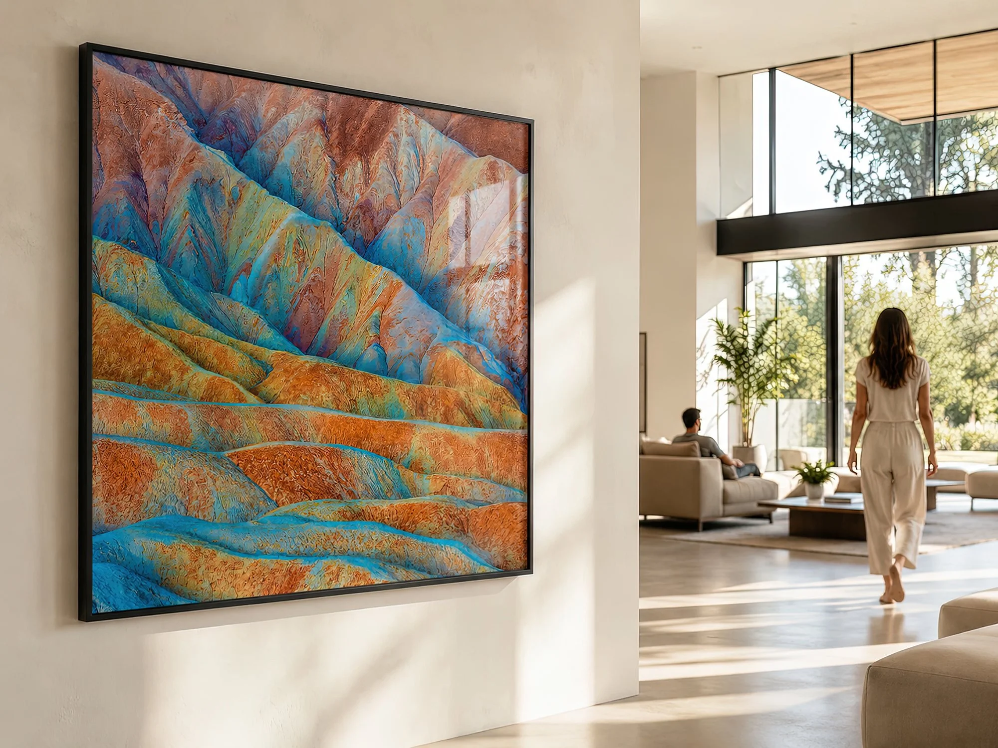 Close-up of a black-framed colourful desert landscape photograph in a bright modern living room with two people by Nick Psomiadis at NIKART Studio and Gallery