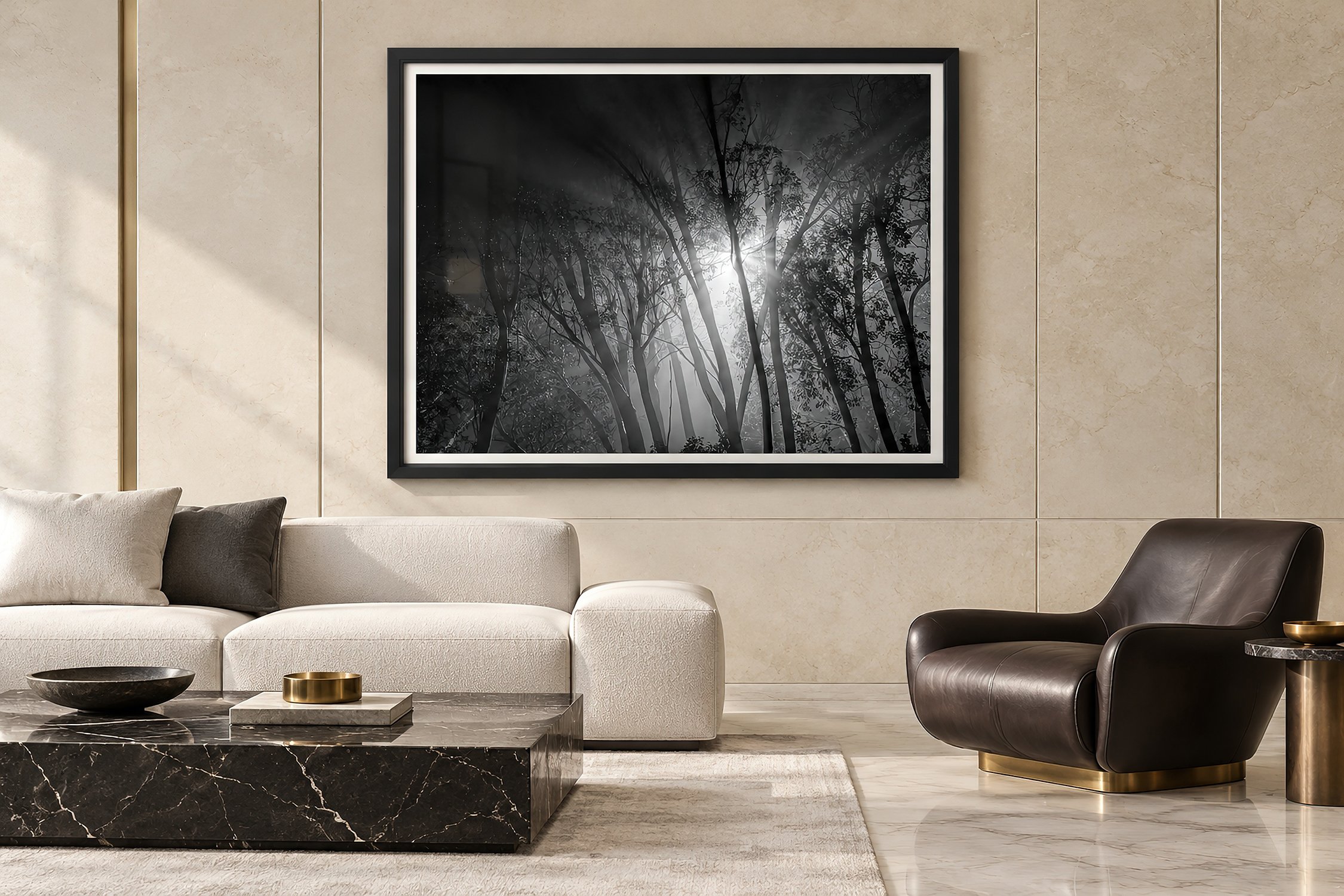 Transmission Through the Canopy fine art tree photography in a black frame with white mat in a luxury lounge.