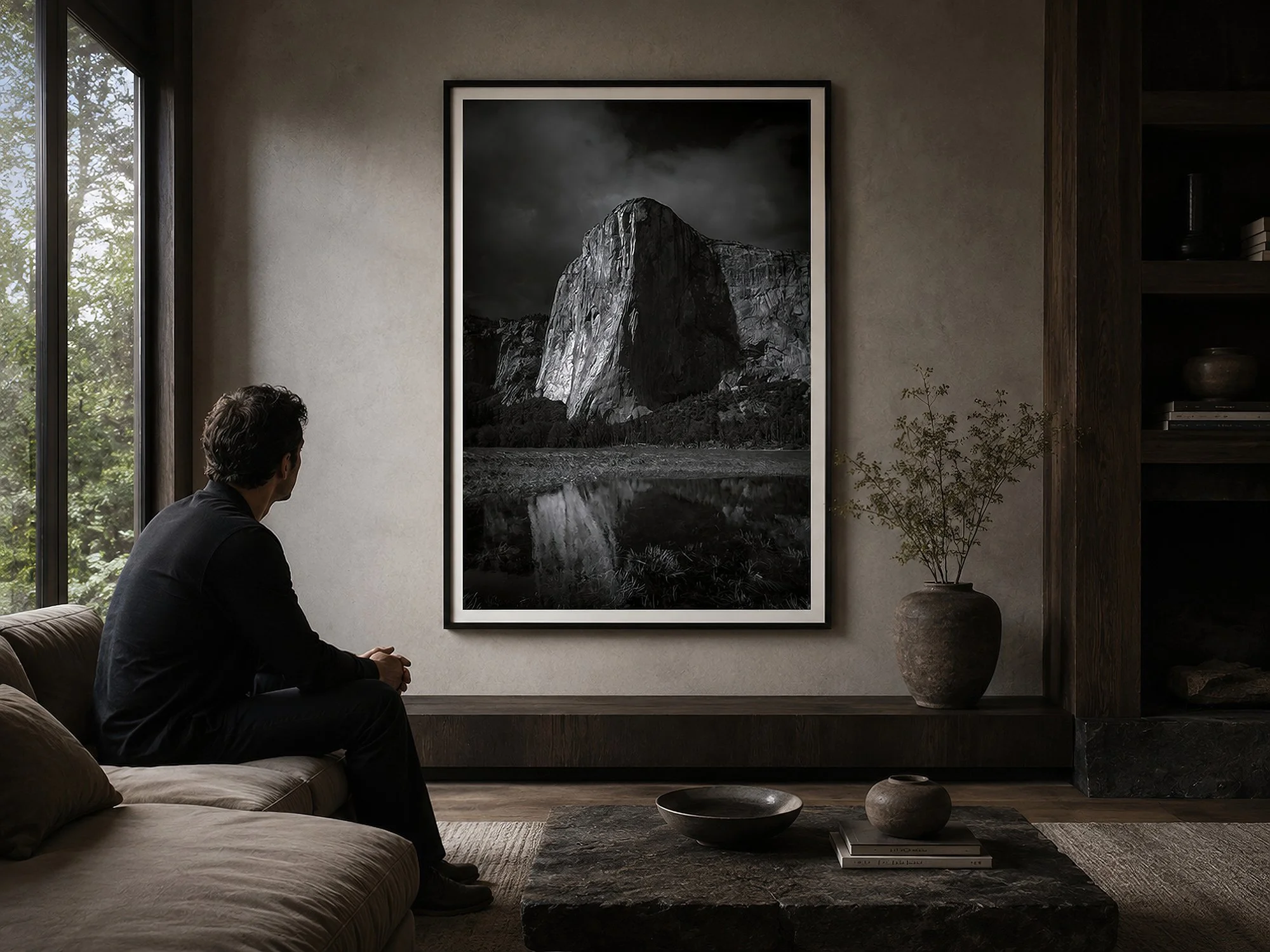 Framed black-and-white El Capitan photograph displayed in a dark minimalist living room with a seated man.