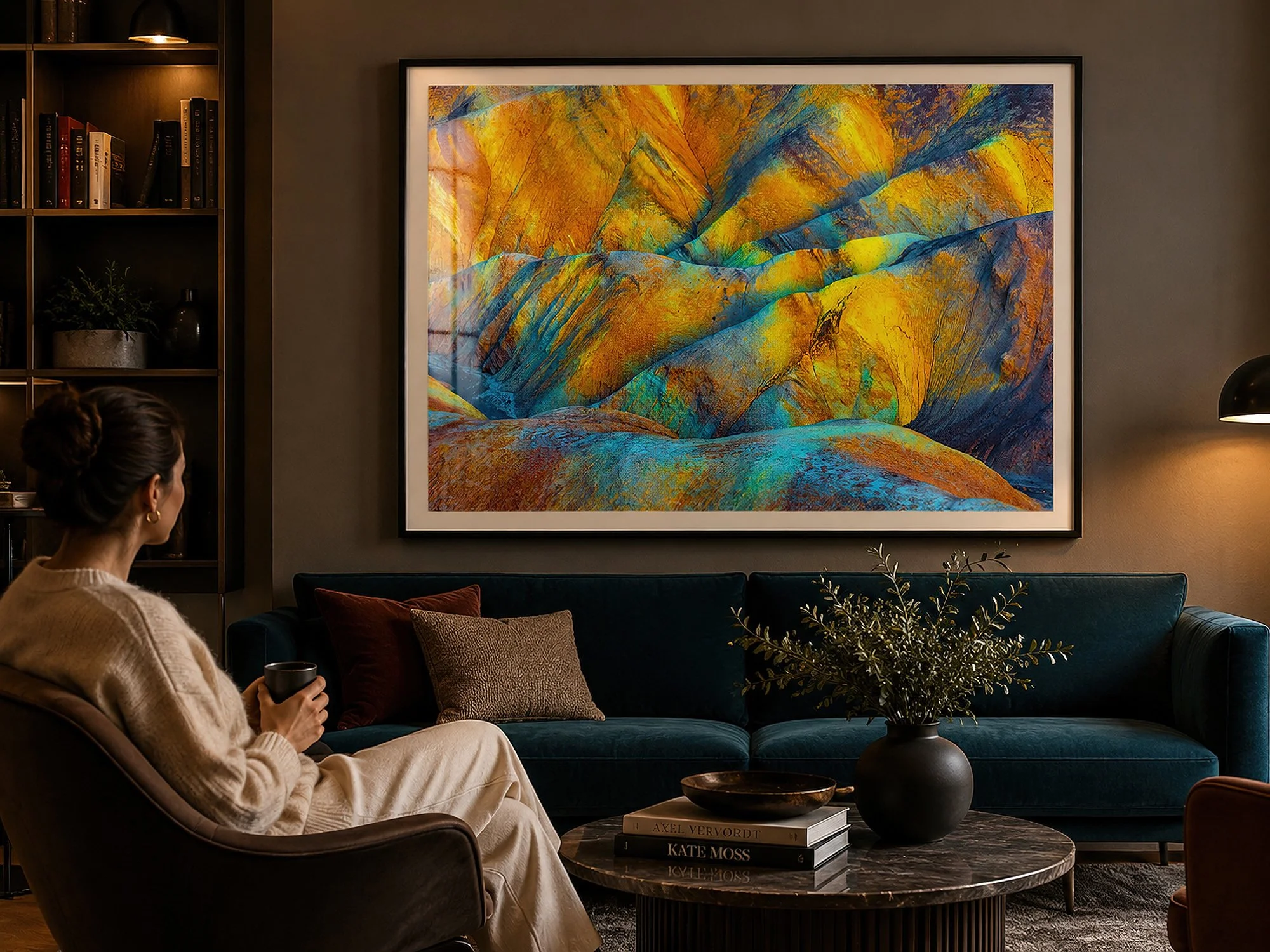 Framed Painted Dunes photograph displayed behind lightly reflective glass in a moody contemporary living room with a seated woman.