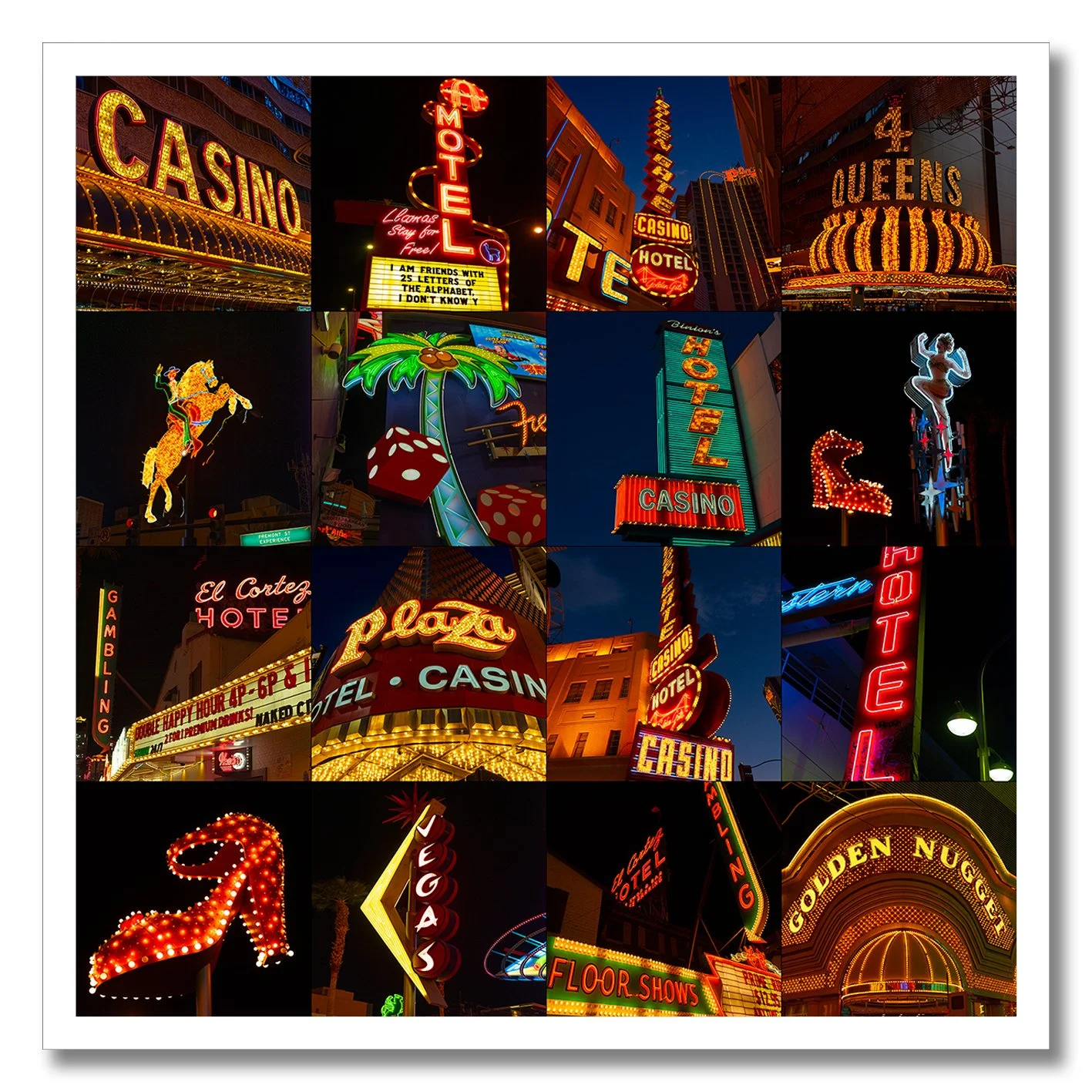 Fine art collage of vintage Las Vegas neon signs and casino lights at night