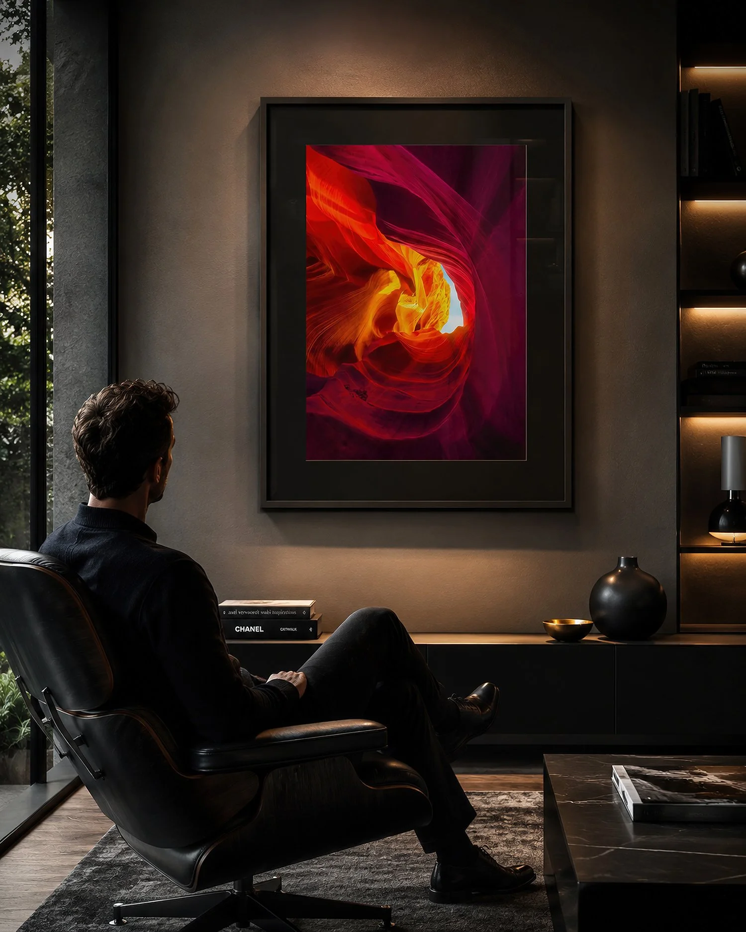 Framed Antelope Canyon photograph with a black mat and dark timber frame displayed behind subtly reflective glass in a moody modern lounge with a seated man — Nick Psomiadis at NIKART Studio and Gallery.