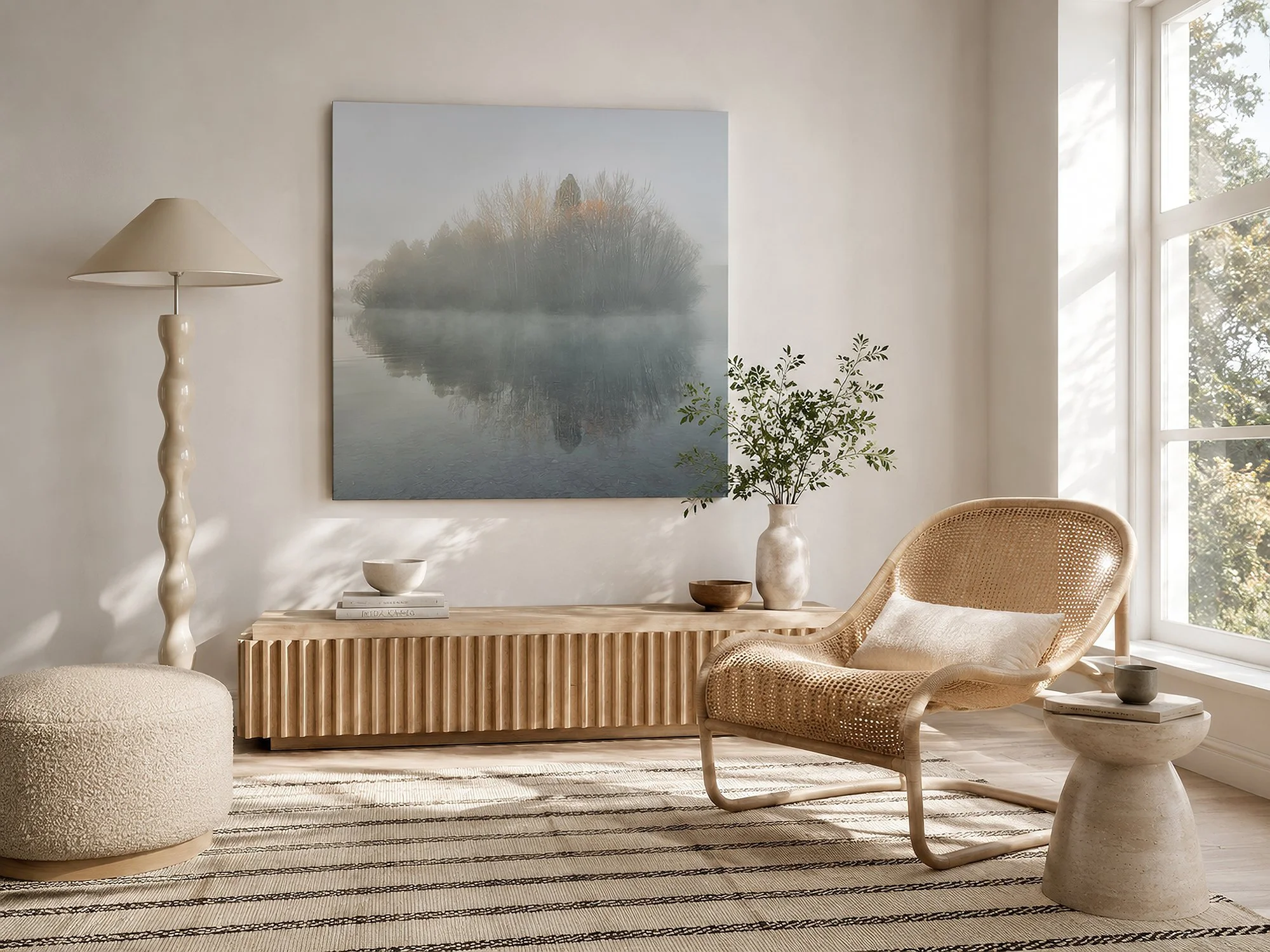 Square misty island canvas print in a bright neutral reading room with rattan chair, sculptural lamp, timber console and natural light from a right-side window by Nick Psomiadis at NIKART Studio and Gallery