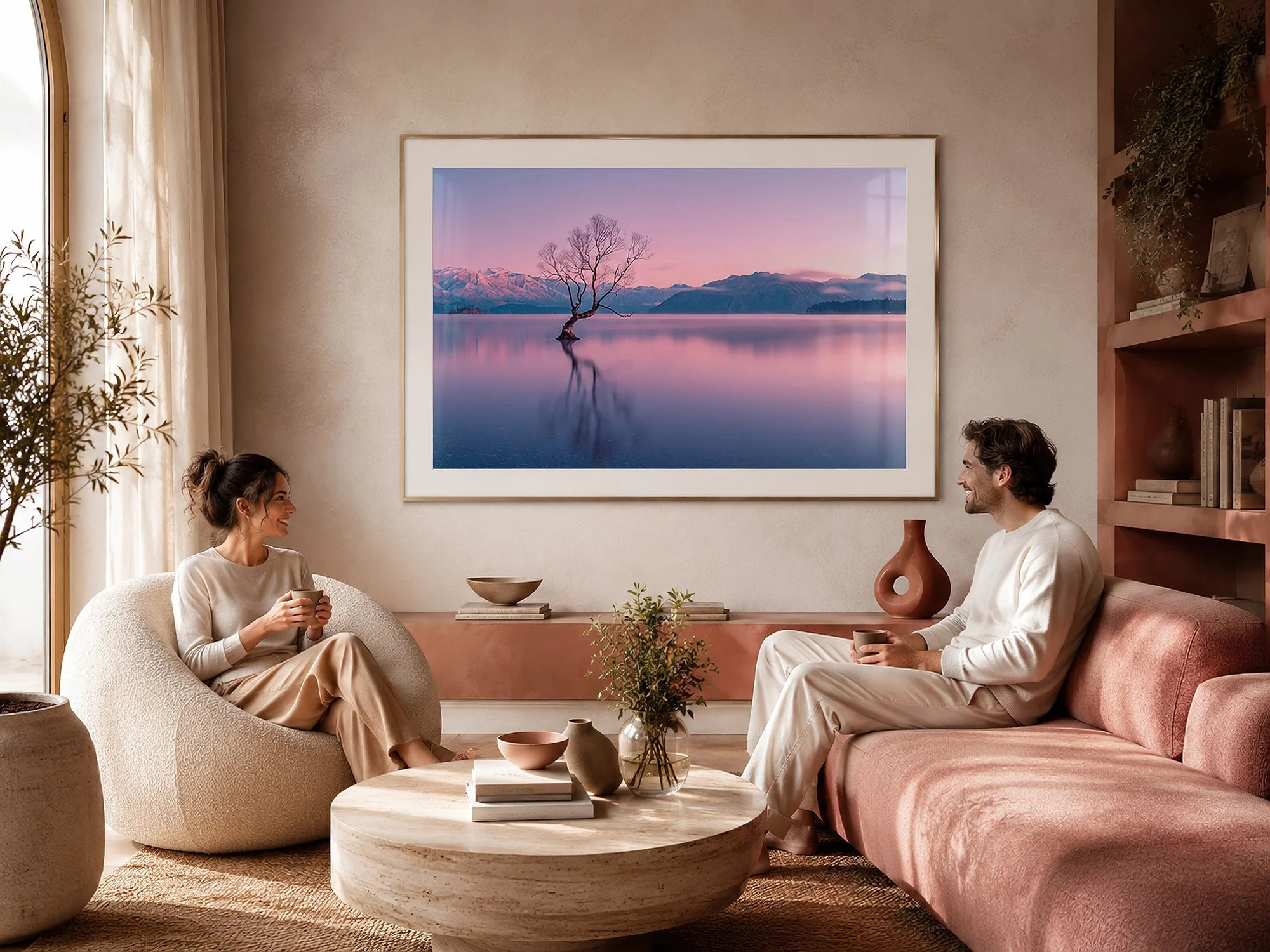Framed Lake Wānaka tree photograph in a warm contemporary interior with a slim metallic frame, soft blush furnishings and two people seated together by Nick Psomiadis at NIKART Studio and Gallery