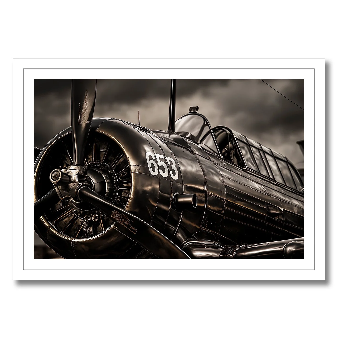 close-up metallic photograph of aircraft engine and fuselage with high contrast finish