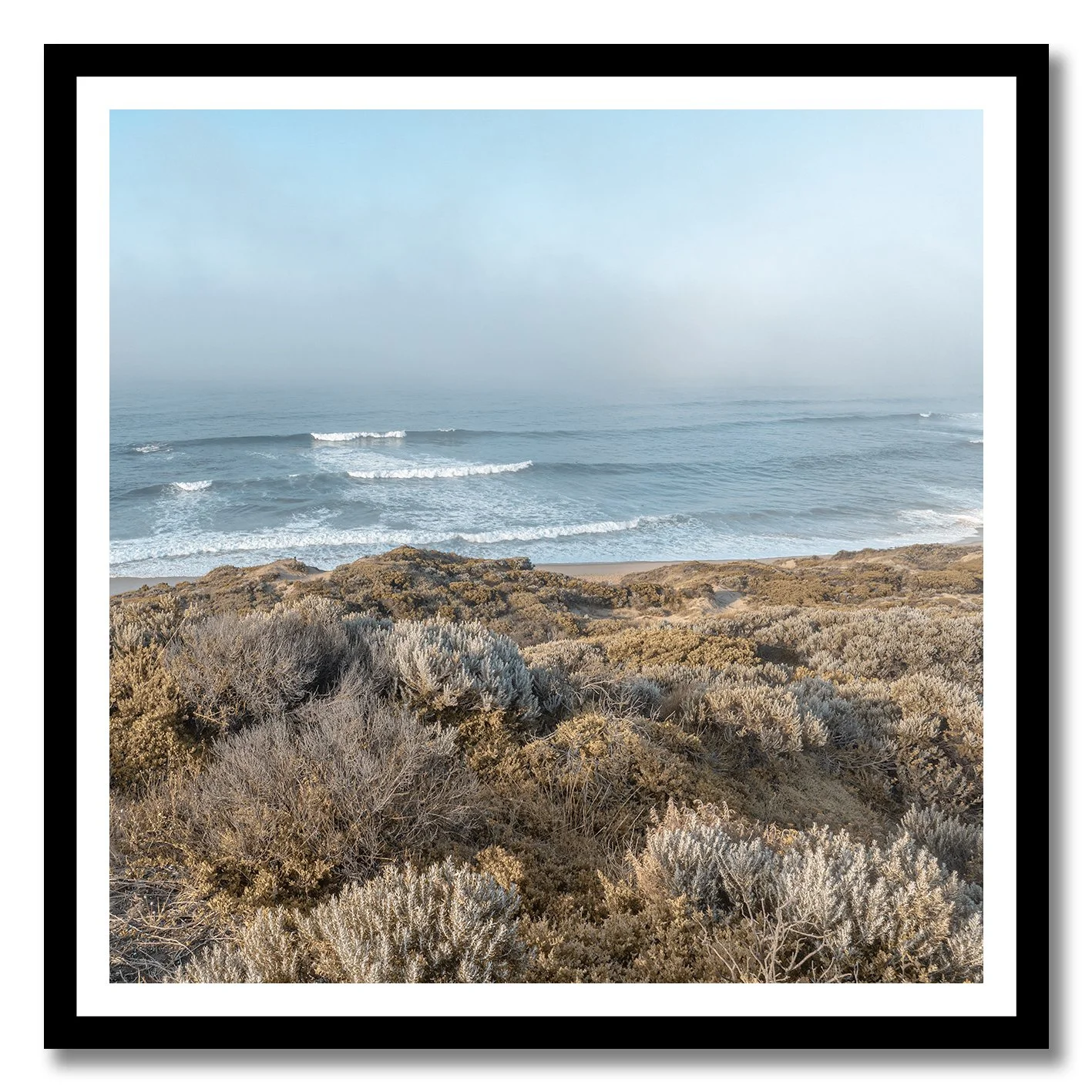 Fine art photograph of misty coastal dunes and waves at Sorrento beach