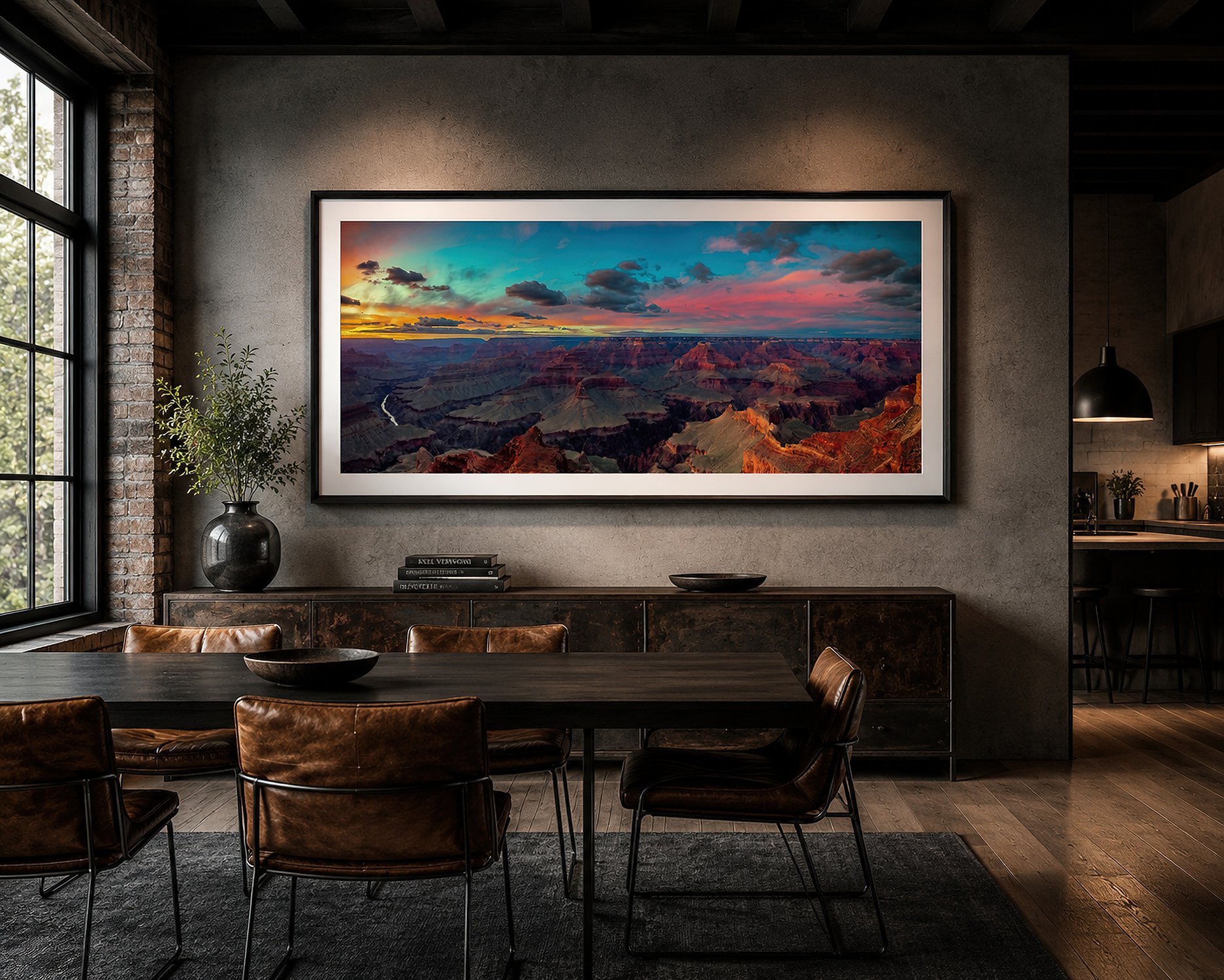 Framed panoramic Grand Canyon sunset photograph displayed in an industrial loft dining room.
