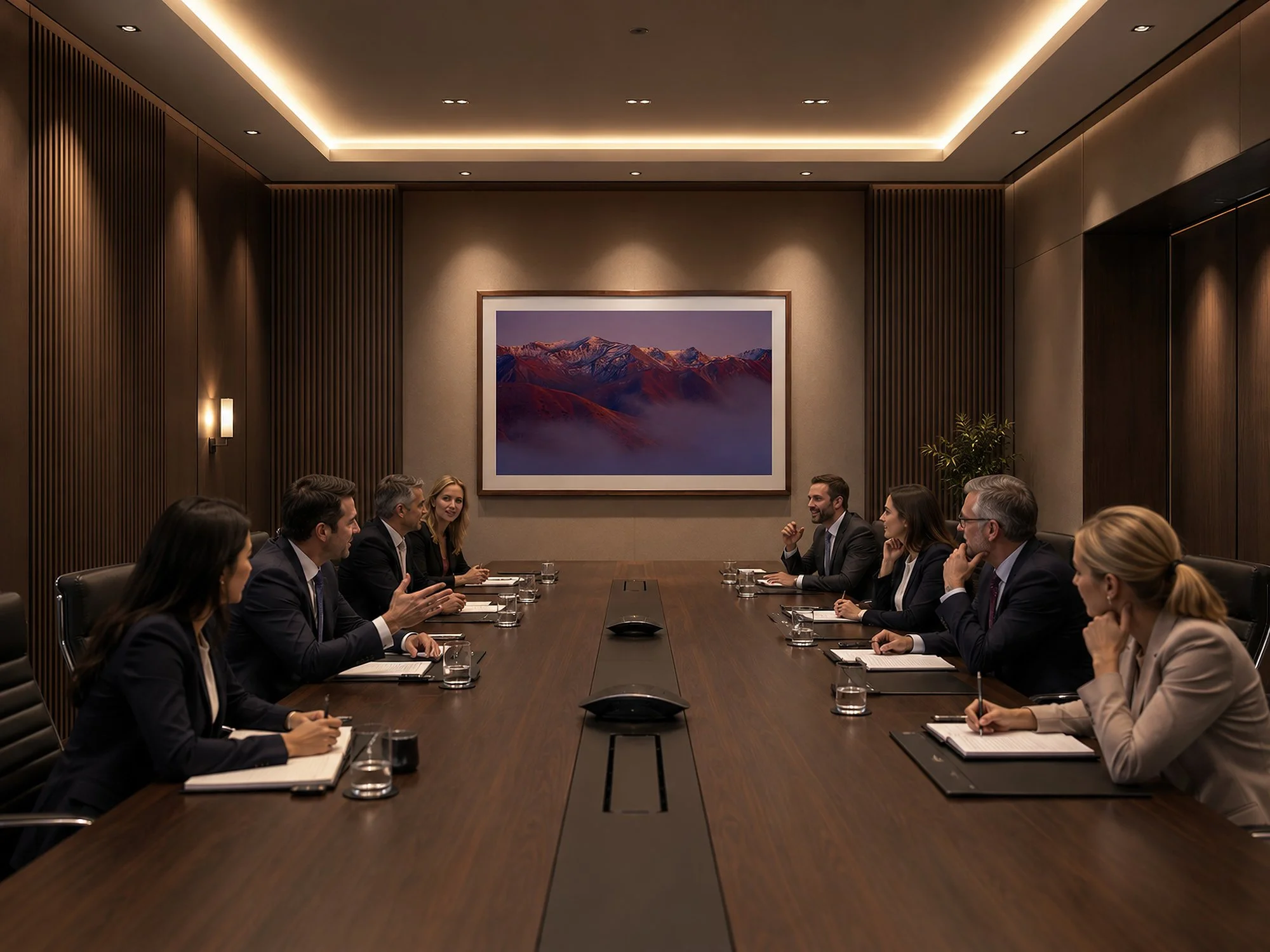 Framed New Zealand mountain photograph displayed at the far end of a windowless executive boardroom with a long conference table and business professionals engaged in discussion by Nick Psomiadis at NIKART Studio and Gallery