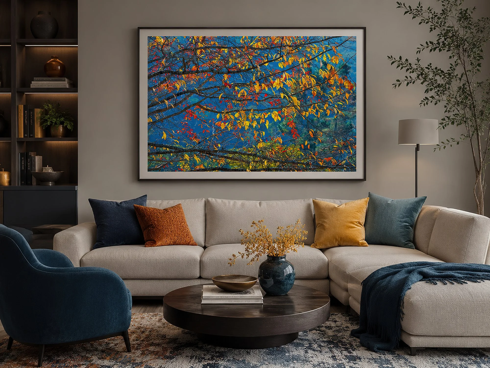 Modern lounge interior with a framed autumn branch photograph above a neutral sectional sofa with blue and ochre cushions, by Nick Psomiadis at NIKART Studio and Gallery.