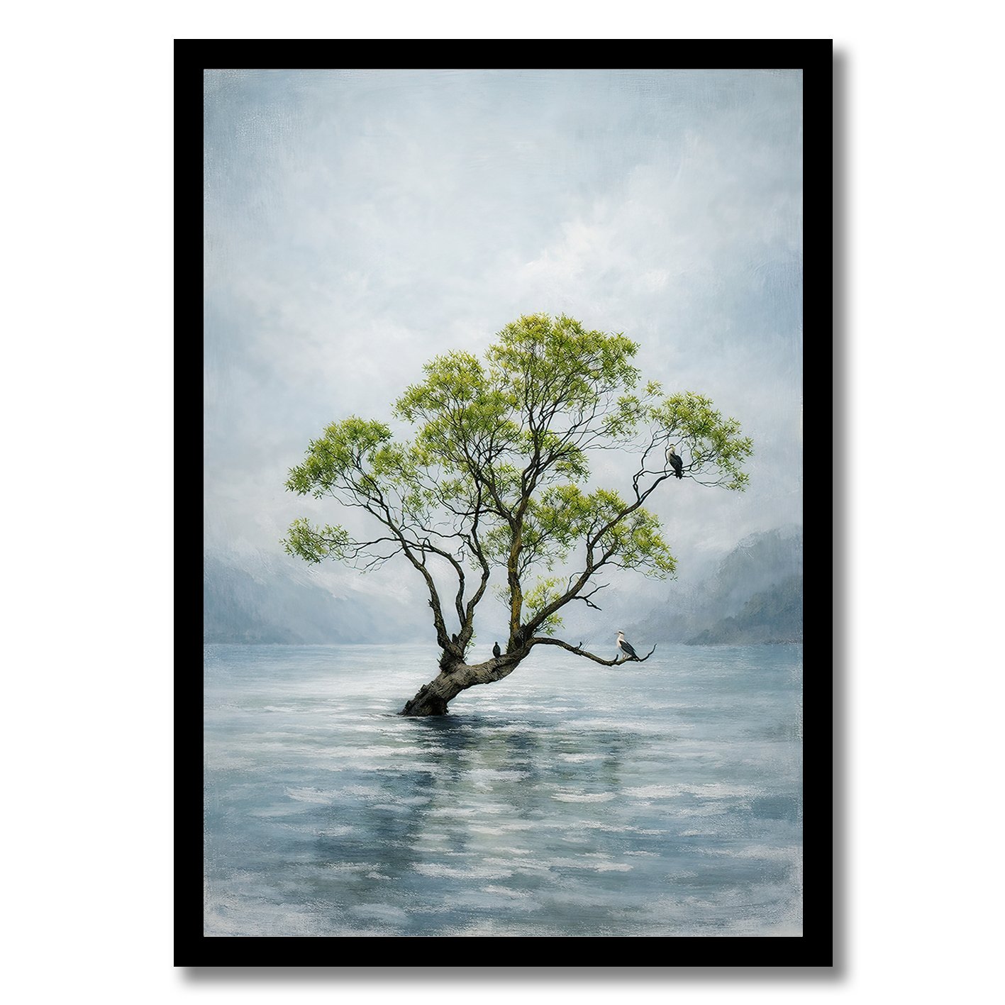 Photograph of the Wanaka Tree in water with a soft painterly effect and misty background