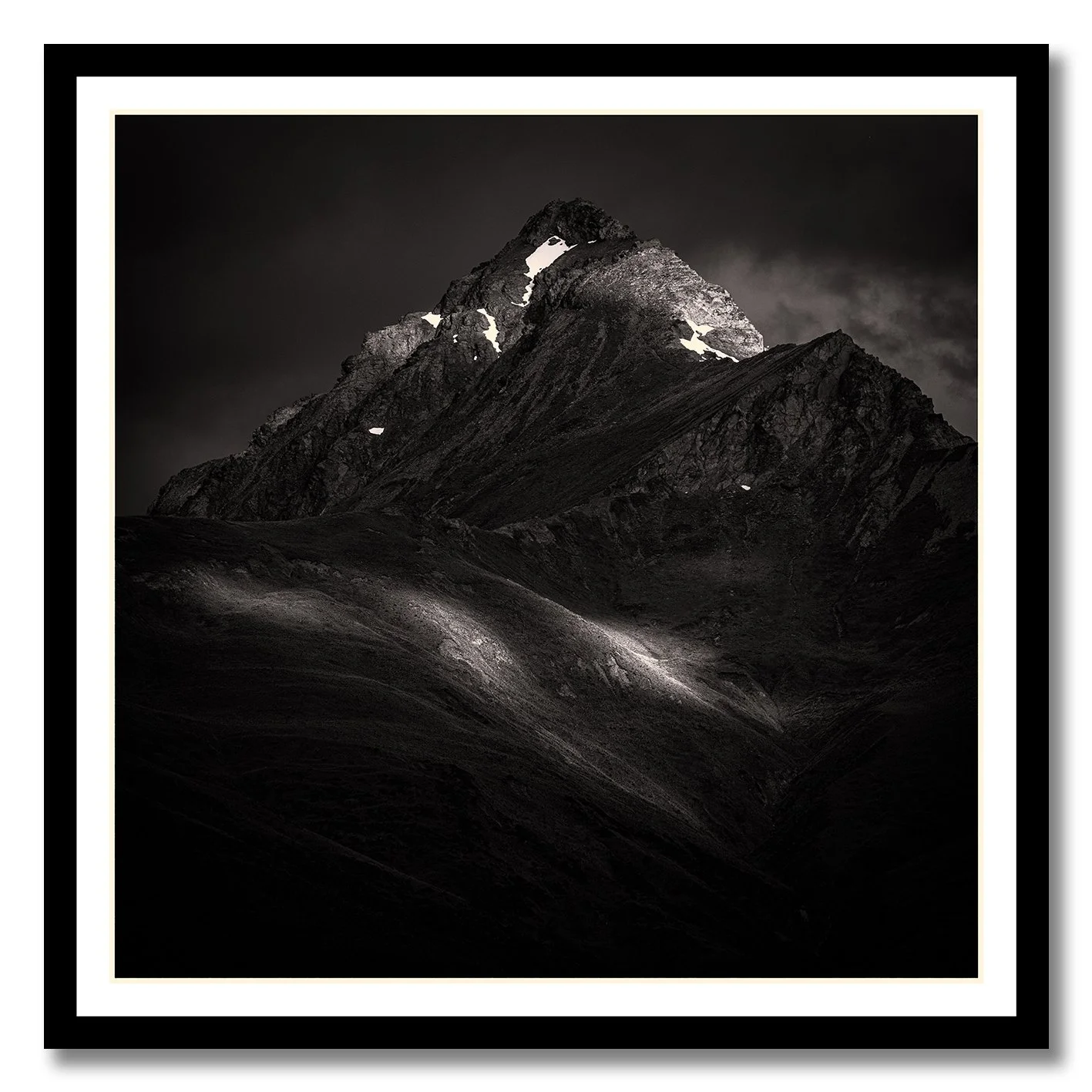 Black and white mountain landscape photograph in New Zealand