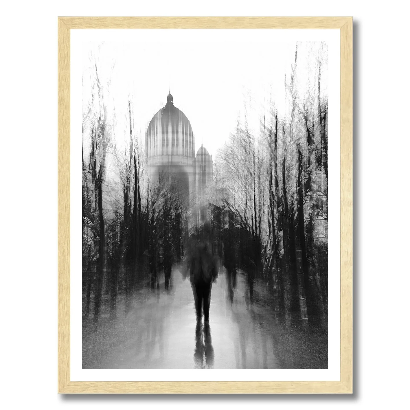 black and white abstract city park photograph with domed building