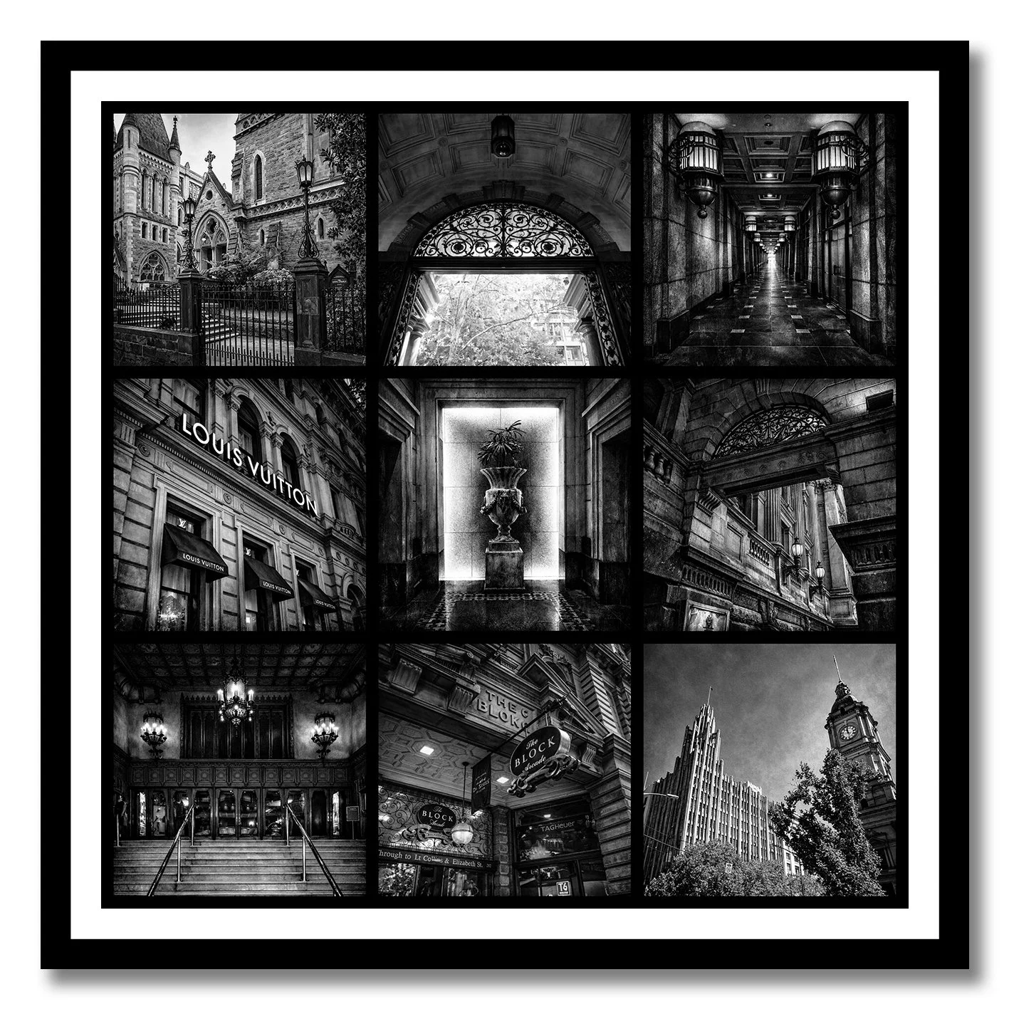 black and white photography collage of collins street melbourne architecture