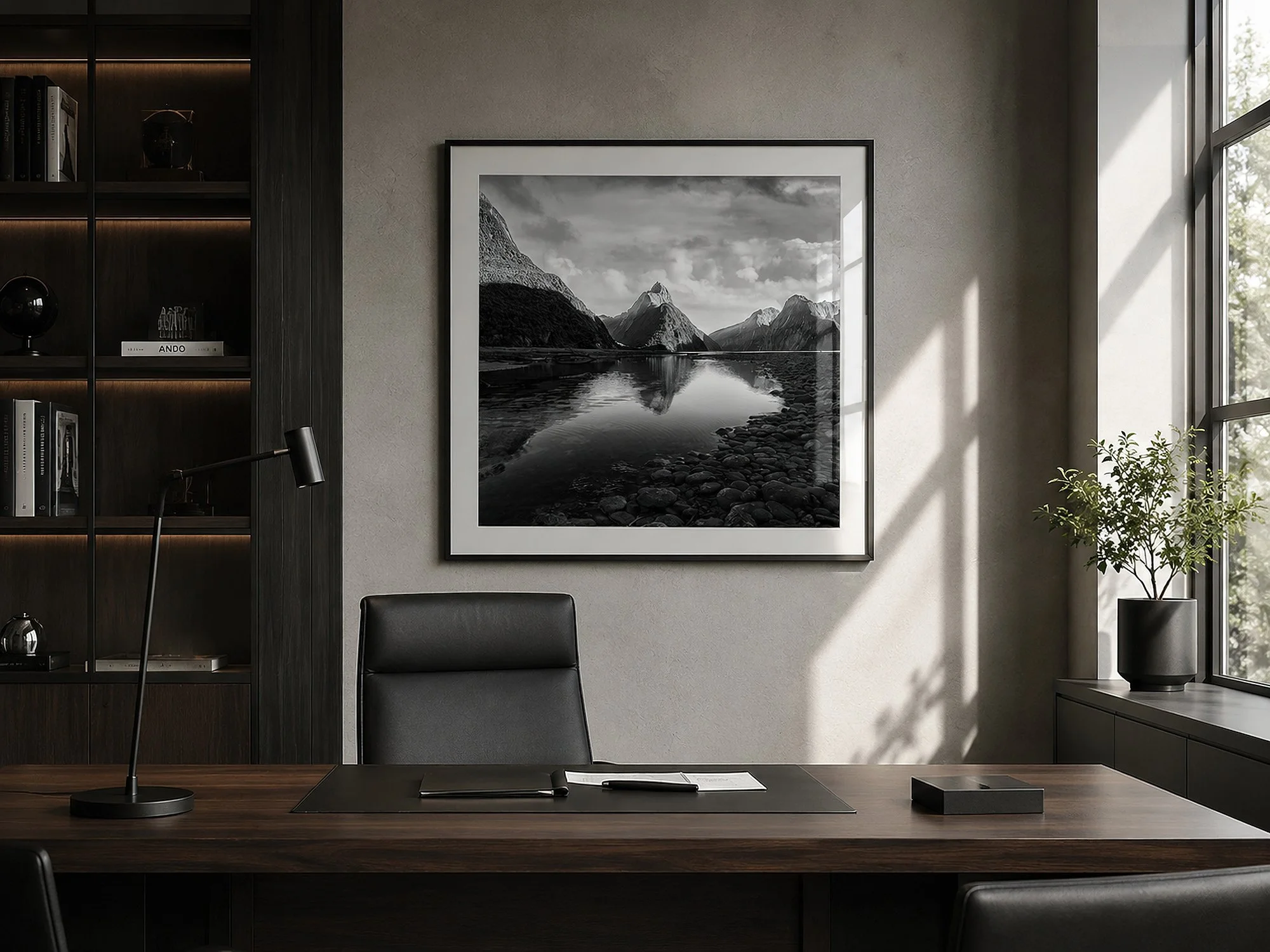 Framed square black-and-white Milford Sound photograph displayed in a sunlit executive office with dark timber shelving, a walnut desk and black leather seating by Nick Psomiadis at NIKART Studio and Gallery