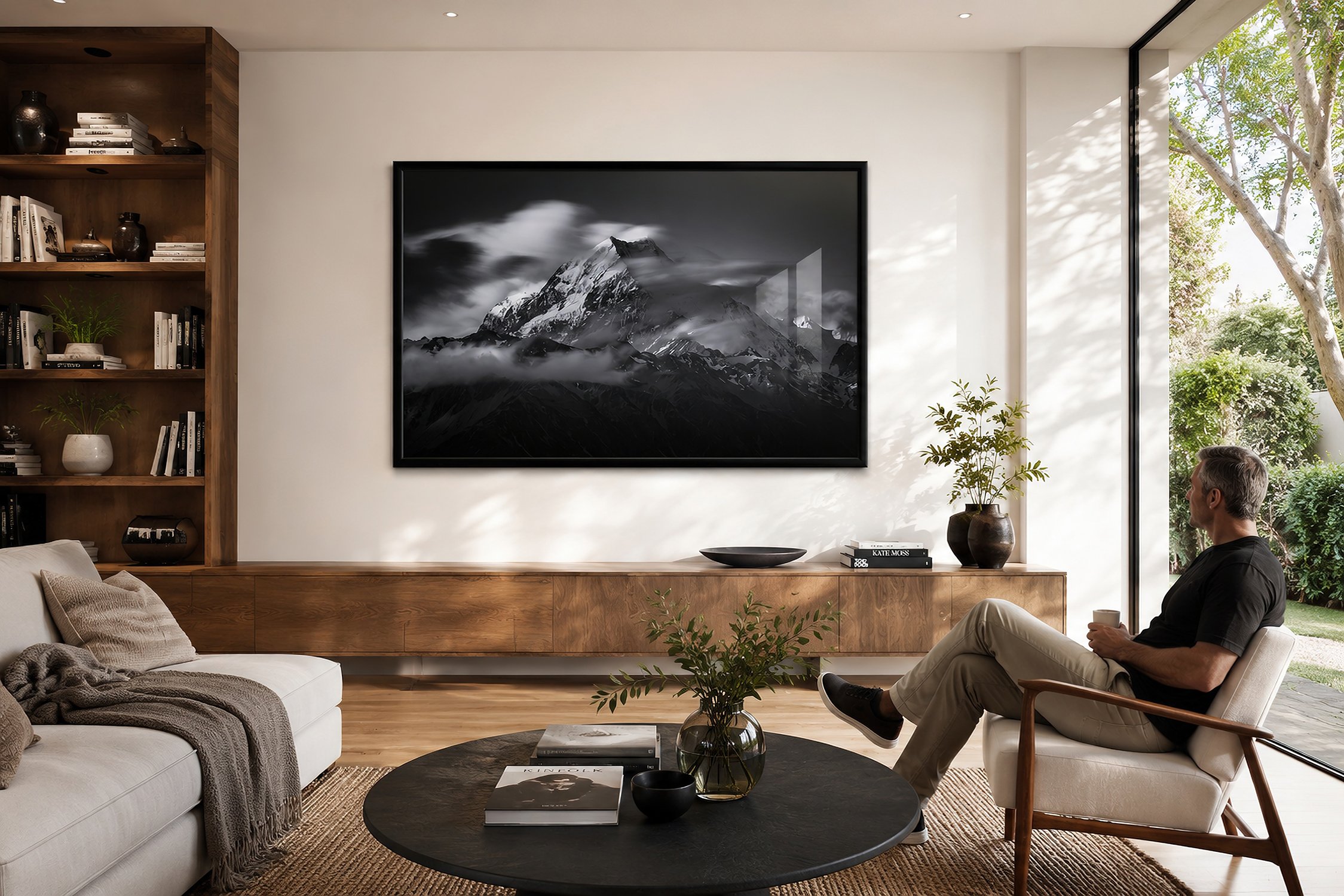 Black-framed mountain photograph in a sunlit contemporary living room with timber cabinetry, neutral seating and a man relaxing beside a garden window by Nick Psomiadis at NIKART Studio and Gallery