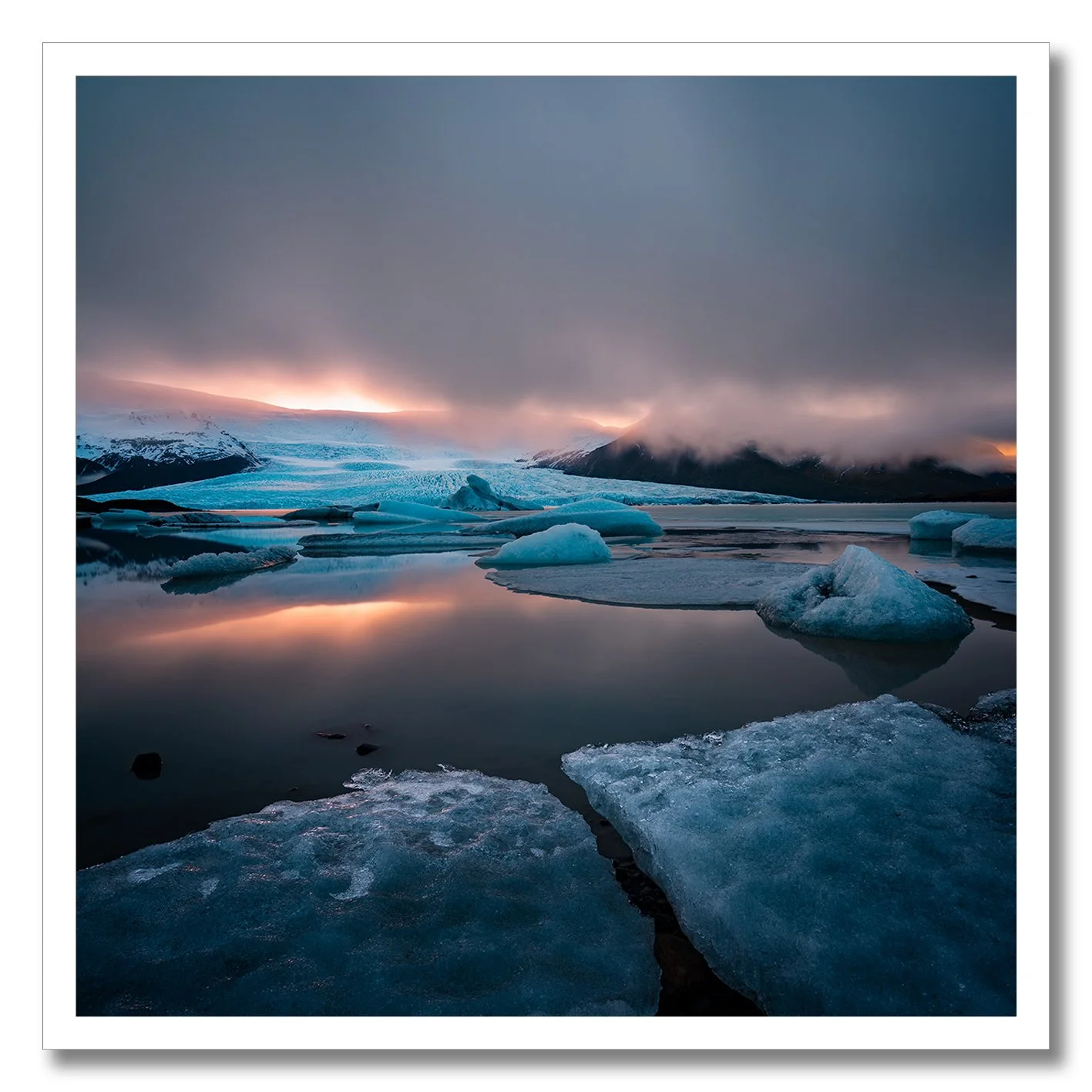 Fine art photograph of icebergs and sunset reflections at Fjallsarlon Lagoon Iceland