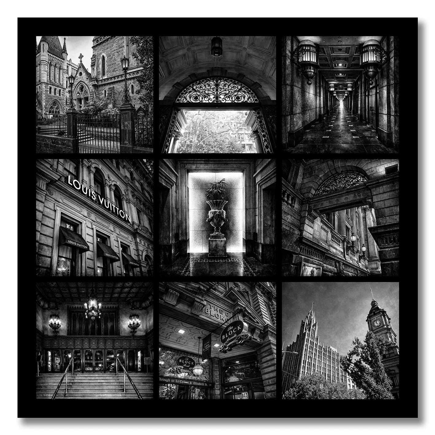 black and white photography collage of collins street melbourne architecture